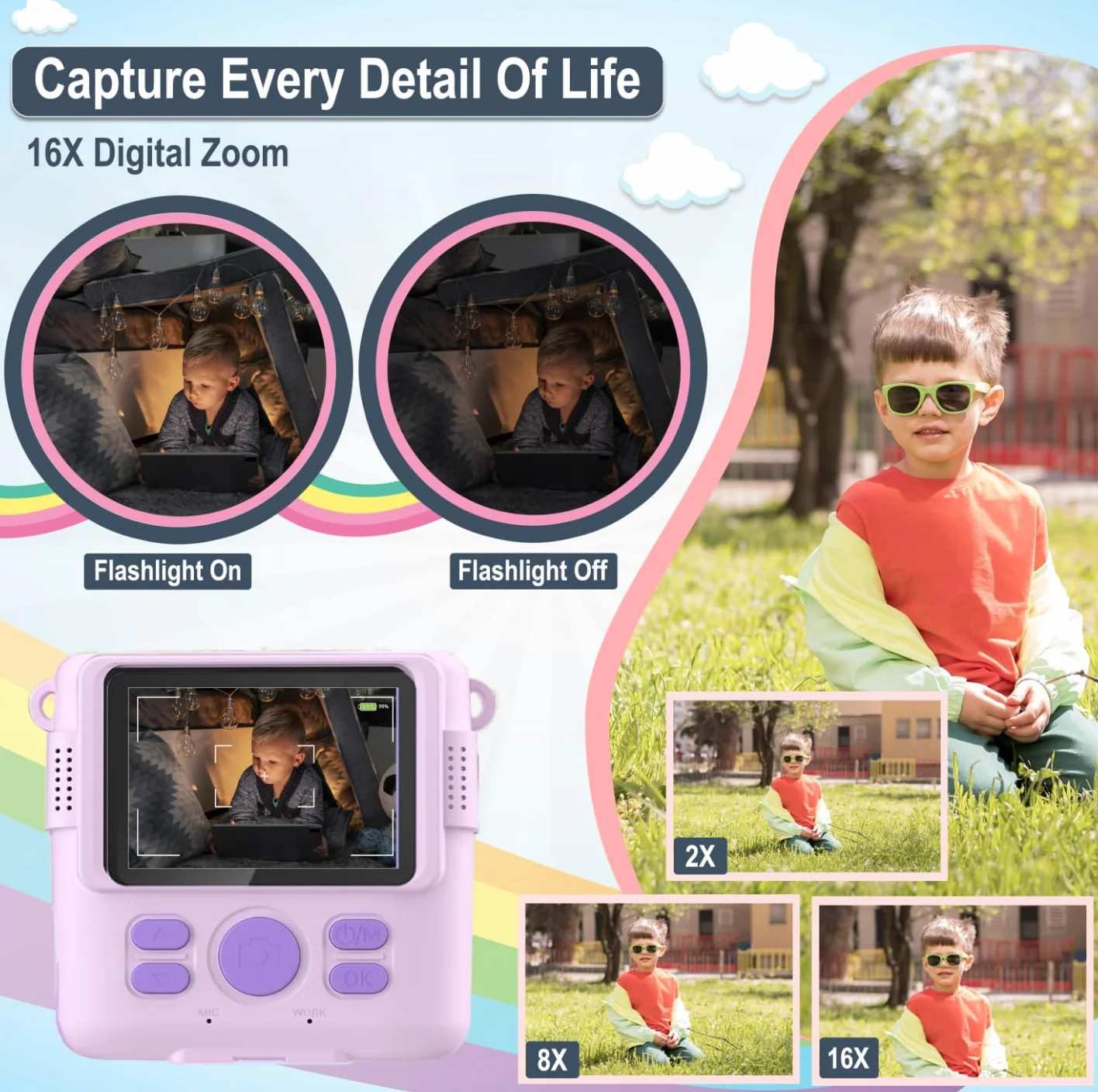 Macchina Fotografica Bambini Istantanea, 2,4" HD 1080P con scheda SD 32GB, 5 pennarelli, adesivi, 5 rotoli di carta, ciondolo. Fotocamera Bambini e ragazze dai 3 ai 14 anni. (Viola)