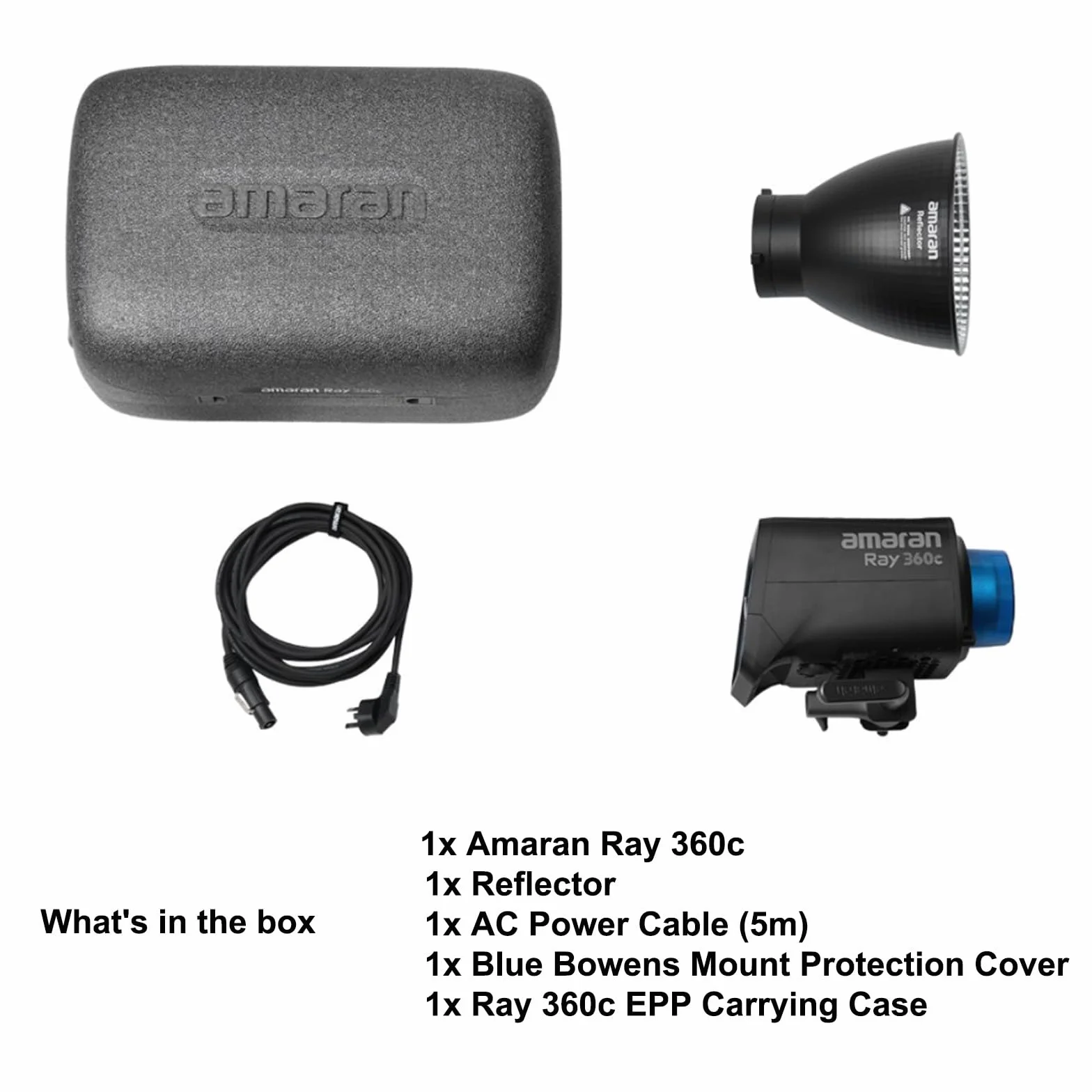 Faro video Amaran Ray 360c RGBWW, illuminazione a luce continua da 360W con attacco Bowens, temperatura colore CCT 1.800K-20.000K, 17.130 Lux/1m, supporto per controllo tramite app/DMX.