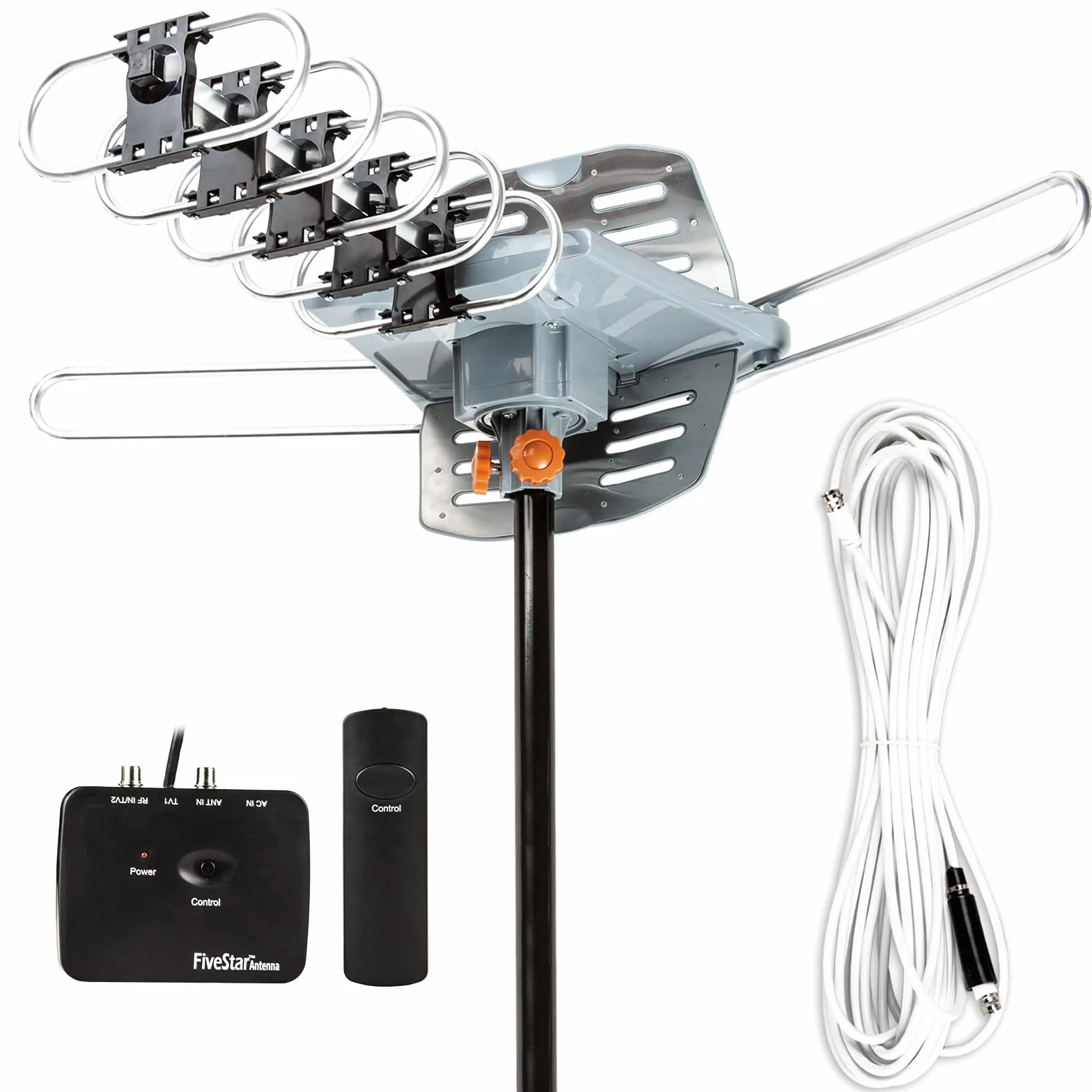 Five Star Antenna esterna motorizzata a 360 gradi con amplificazione HDTV per 2 TV, portata 241 km - Canali UHF/VHF/1080P, telecomando wireless - Cavo coassiale RG6 da 12 m