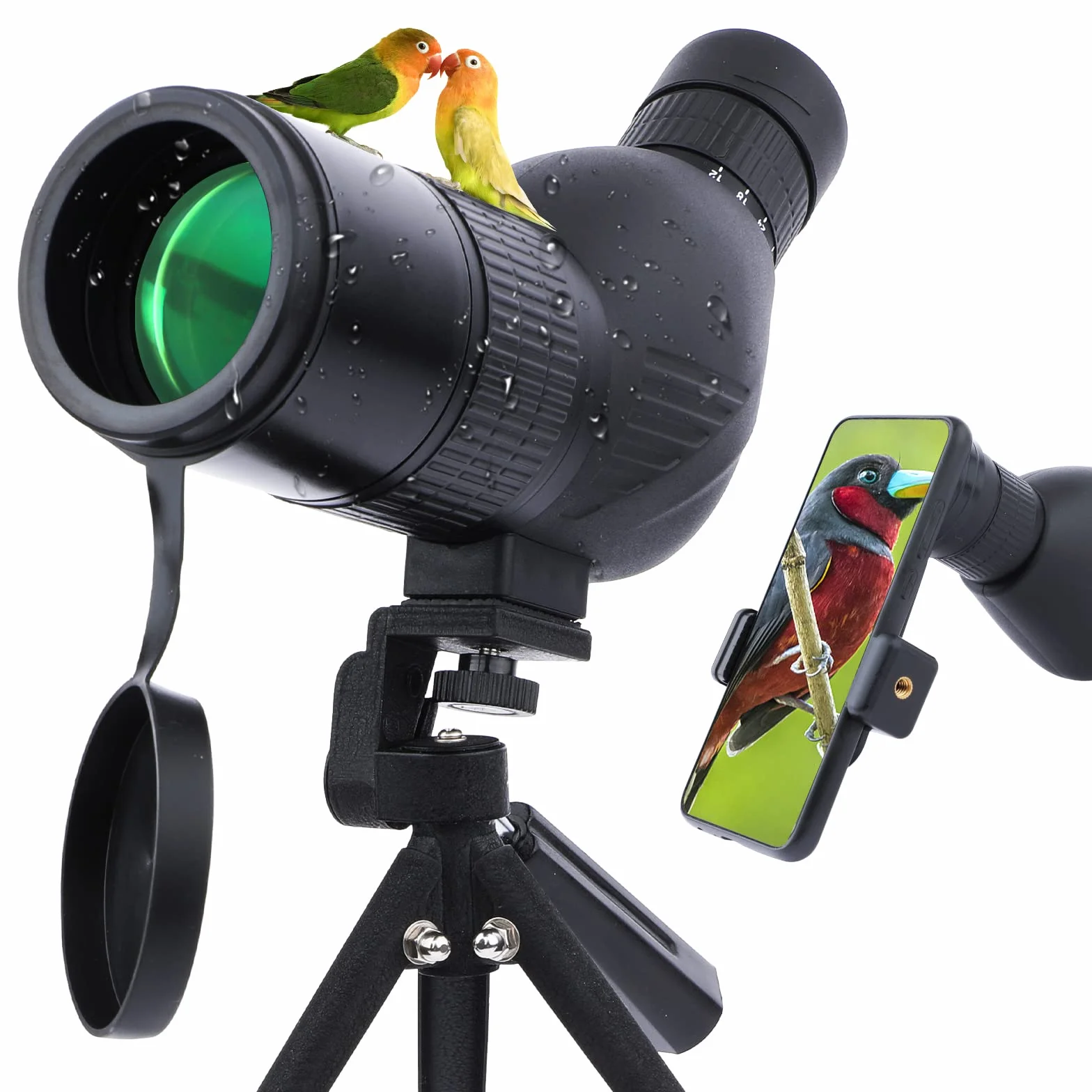 Cannocchiale con Treppiede, Borsa per il Trasporto e Adattatore per Smartphone, FMC Ottica Bak4 Prisma Telescopio Spotting Scope con Smartphone Adapter per Tiro a Segno Birdwatching Caccia (black)