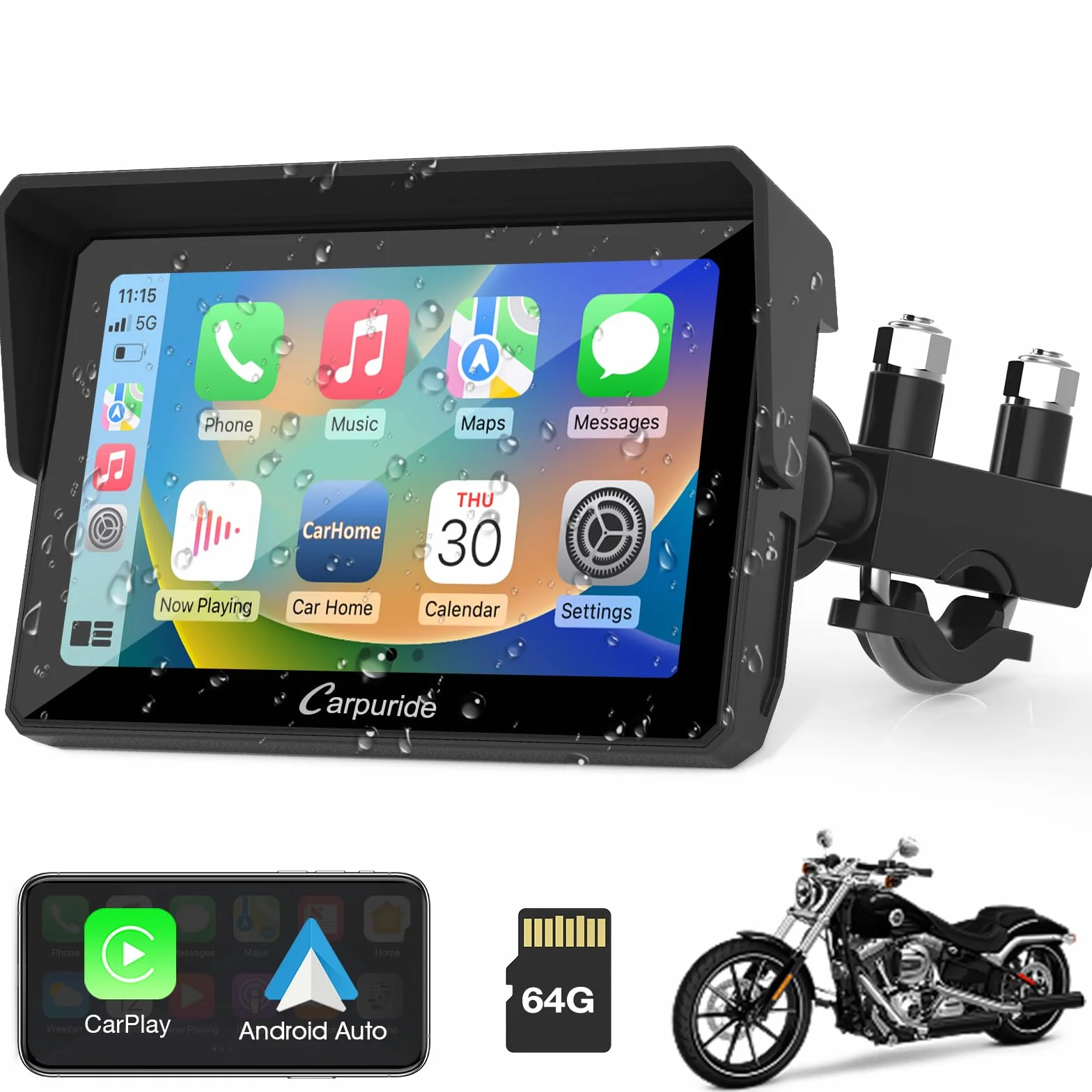 Carpuride W502 Stereo Portatile Senza Fili per Moto Doppio Bluetooth Impermeabile IP67, Schermo Carplay e Android Auto per Moto, Touch Screen da 5 pollici,TF 64G, Siri, G00gle,GPS