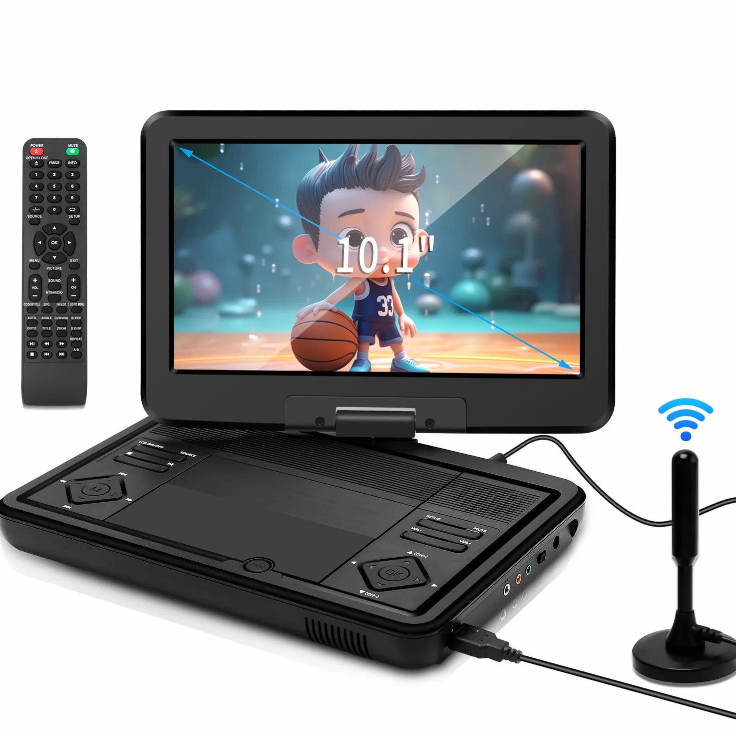 KCR Lettore DVD Portatile da 10,1 Pollici con TV DVB-T2 Integrata, Schermo LED Girevole, USB/HDMI/AV, Batteria Ricaricabile