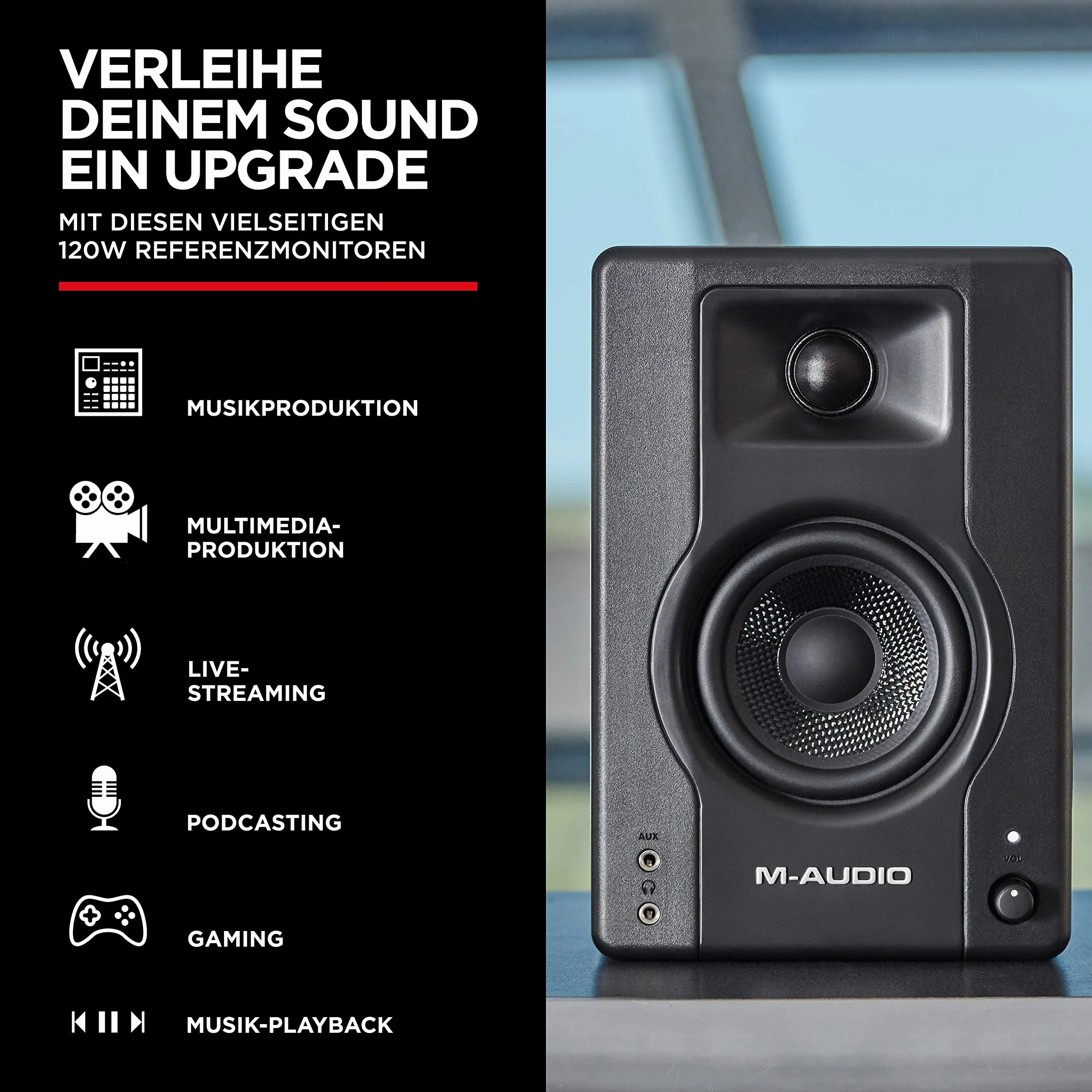 M-Audio BX3 Casse attive amplificate da 120 W da scrivania Monitor da studio per gaming, produzione musicale, streaming e podcast (coppia) & AKG K52 Closed Back Cuffie, Nero