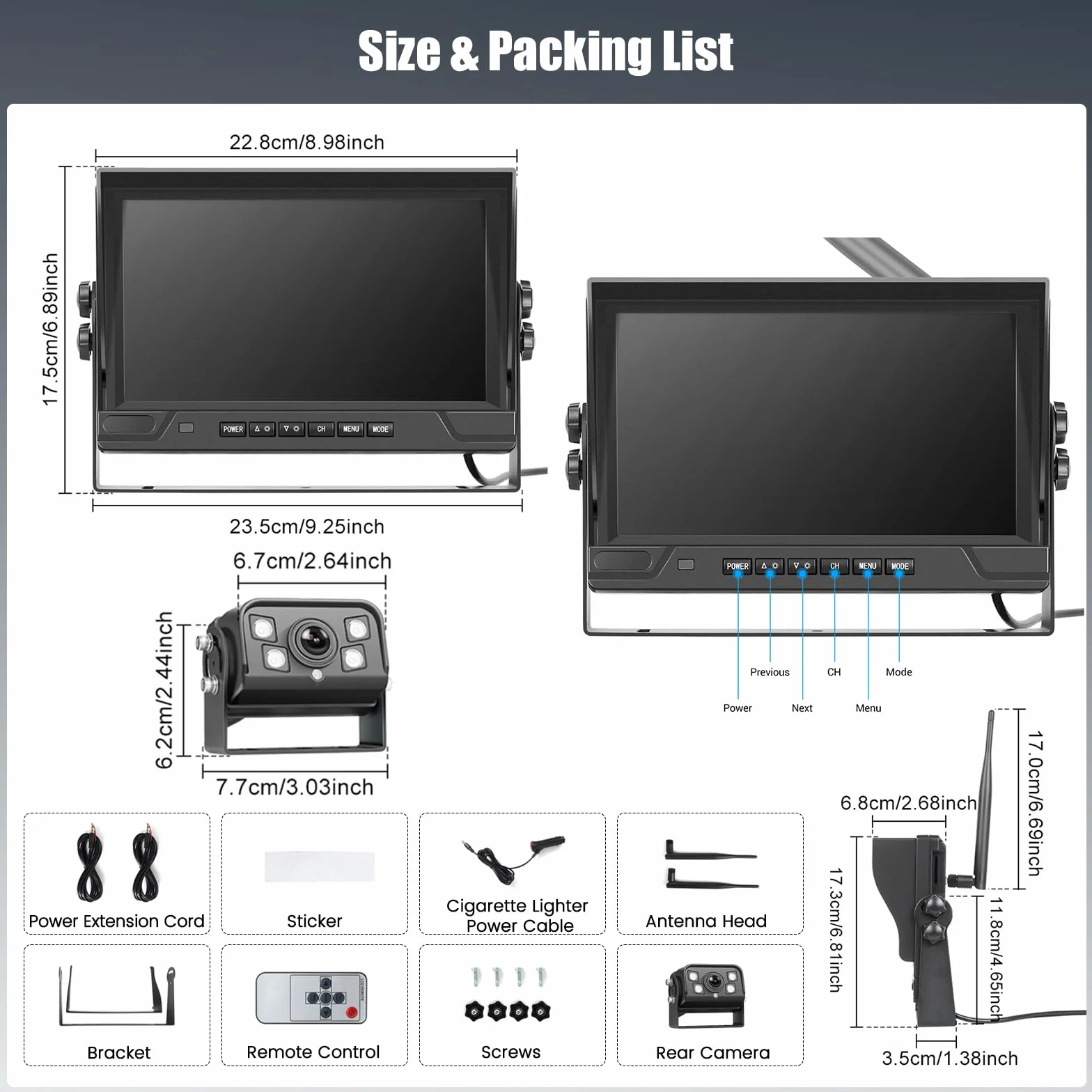 Telecamera Posteriore Digitale Senza Fili Set con 9'' HD Monitor, 1 Grandangolo Impermeabile Visione Notturna Telecamera Targa, per 12V 24V Auto/Camion/Auto/Pickup/SUV/Furgone/Camper