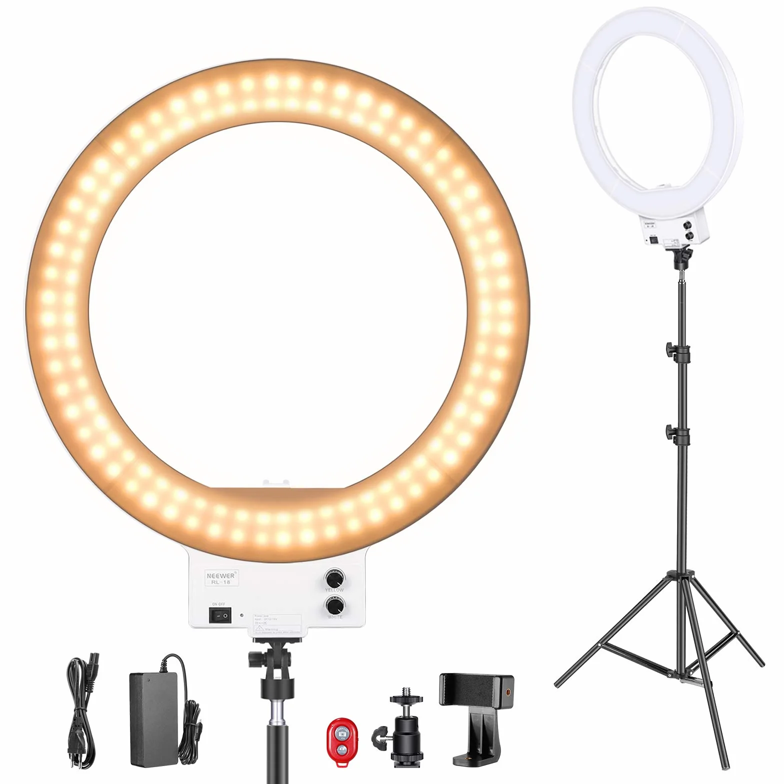 Neewer 46cm Luce LED Anulare Bianca con Cavalletto Dimmerabile 42W 3200-5600K con Filtri Colorati Hotshoe & Supporto Clip per Smartphone per Trucco Youtube Video Fotocamere Smartphone