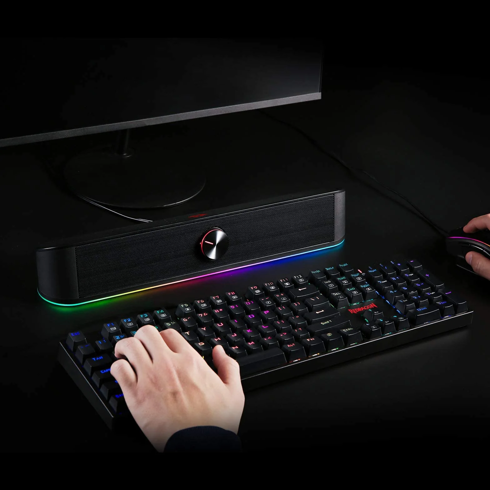 Redragon GS560 Adiemus RGB Desktop Soundbar, Altoparlante per computer a 2.0 canali con barra di illuminazione dinamica, sincronizzazione audio/luce, retroilluminato con controllo touch con manopola