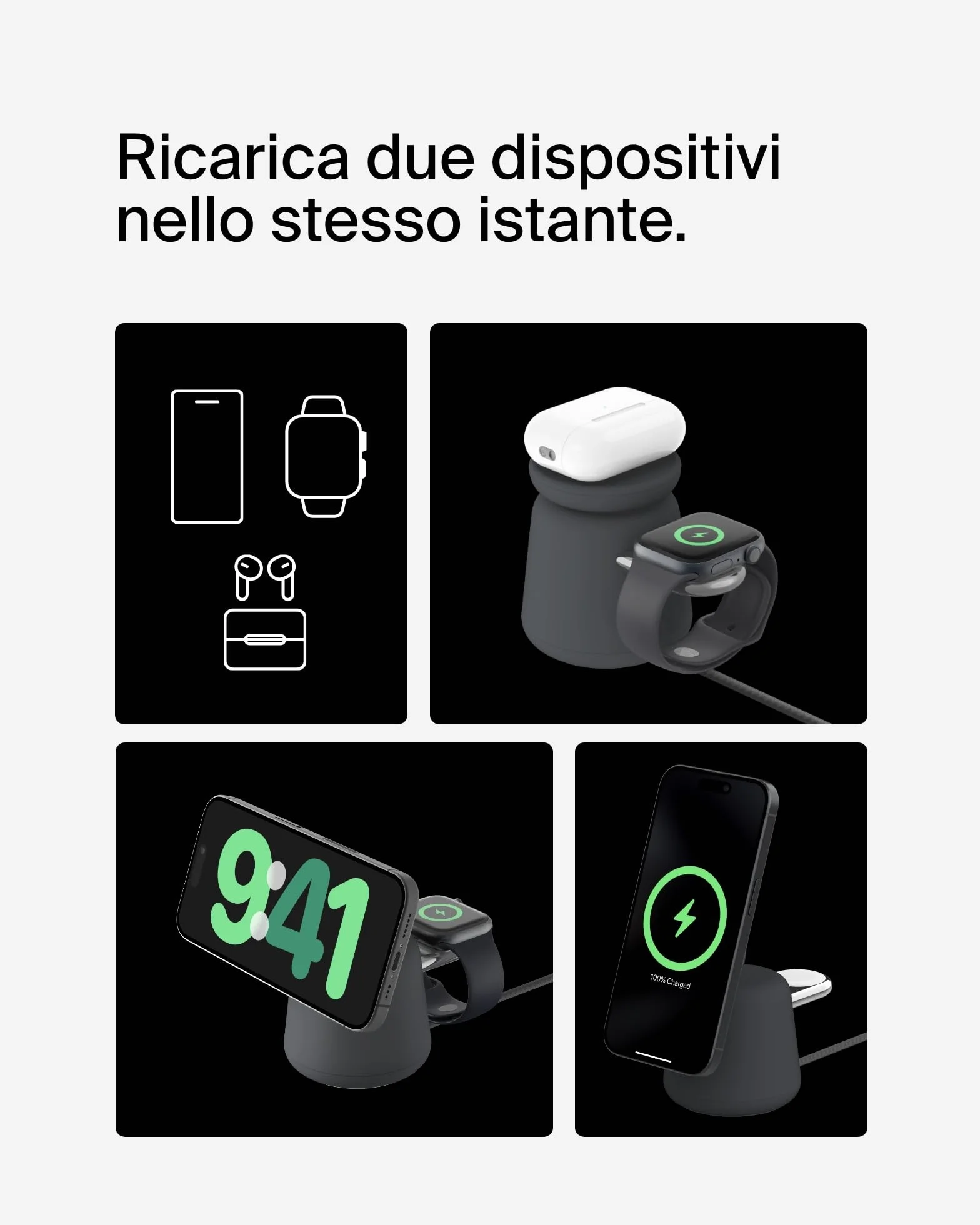 Belkin BoostCharge Caricabatteria wireless 2 in 1 con Qi2 da 15 W, caricatore MagSafe per iPhone 16, 15, 14, 13, 12, Apple Watch, AirPods e altri dispositivi Qi2, alimentatore incluso, Carbone