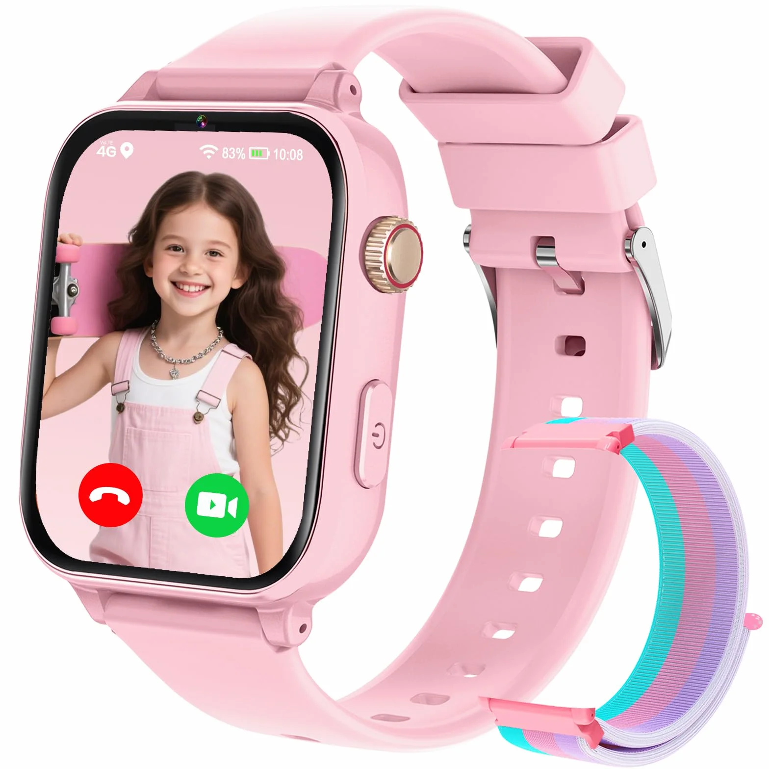 PTHTECHUS Smartwatch per Bambini, 4G Orologio GPS Bambini, Videochiamata e Telefono, WIFI/GPS/LBS Contapassi Ricevi SMS SOS Calcolatrice Timer Sveglia, Regali per Bambini Dai 4 Anni in Su, Rosascuro