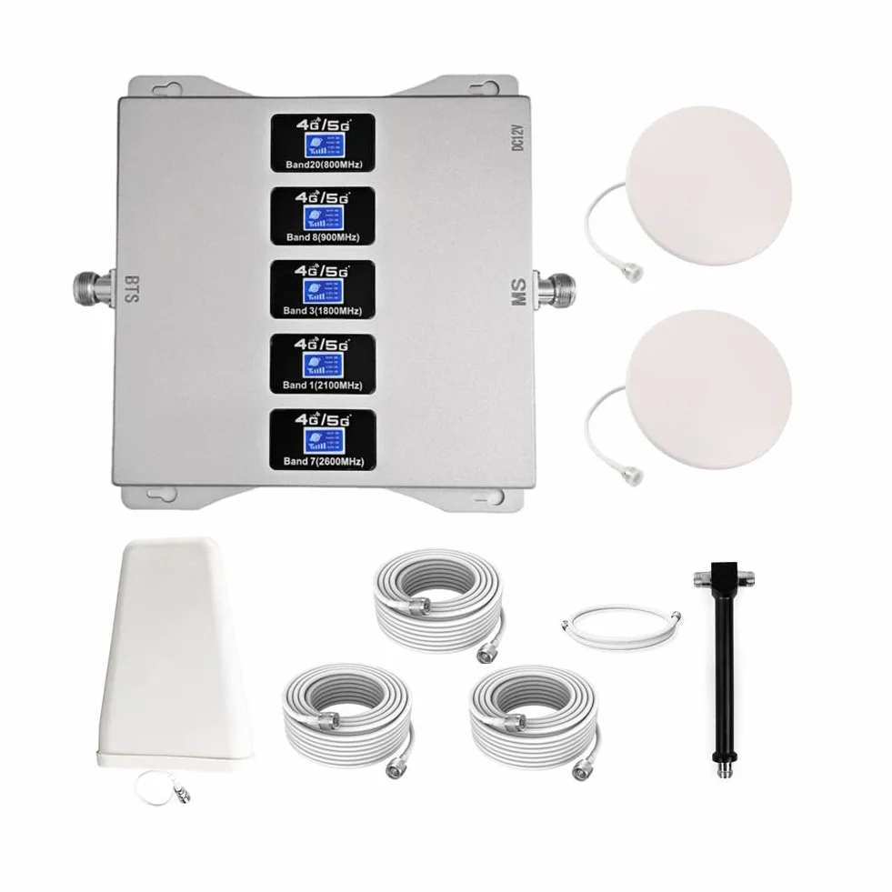 Amplificatore Segnale Cellulare, 5 Bande 800/900/1800/2100/2600MHz, Ripetitore Segnale Cellulare 2G 3G 4G 5G, Due Antenne Interne