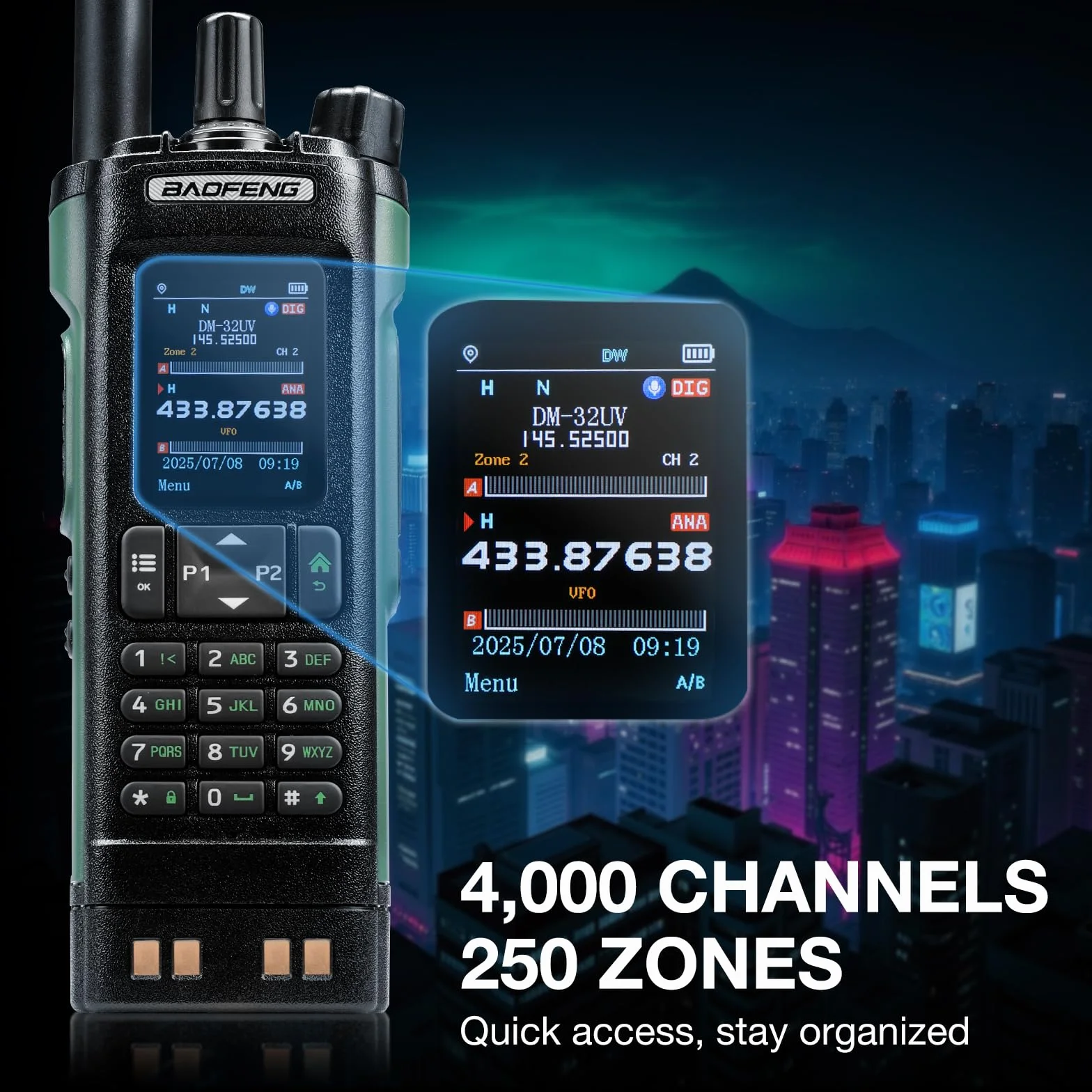 Radio BAOFENG DM-32UV DMR 10W portatile UHF/VHF/AM/FM con GPS e APRS digitale, doppio slot Tier II, display 2", 4000 canali, zielona
