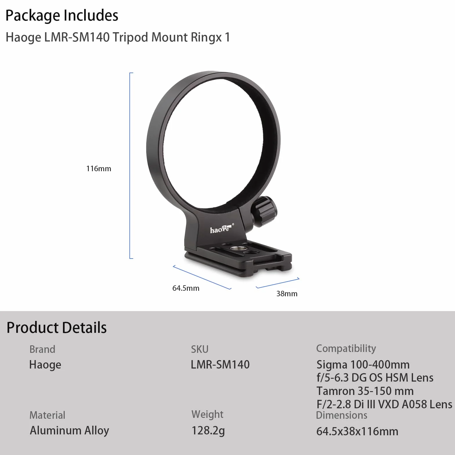 Haoge LMR-SM140-N - Anello di montaggio per treppiedi per obiettivo Tamron 35-150 mm F/2-2,8 Di III VXD A058 per Sony E-Mount e Sigma 100-400mm f/5-6.3 DG OS HSM per Canon EF Mount e Nikon F Mount