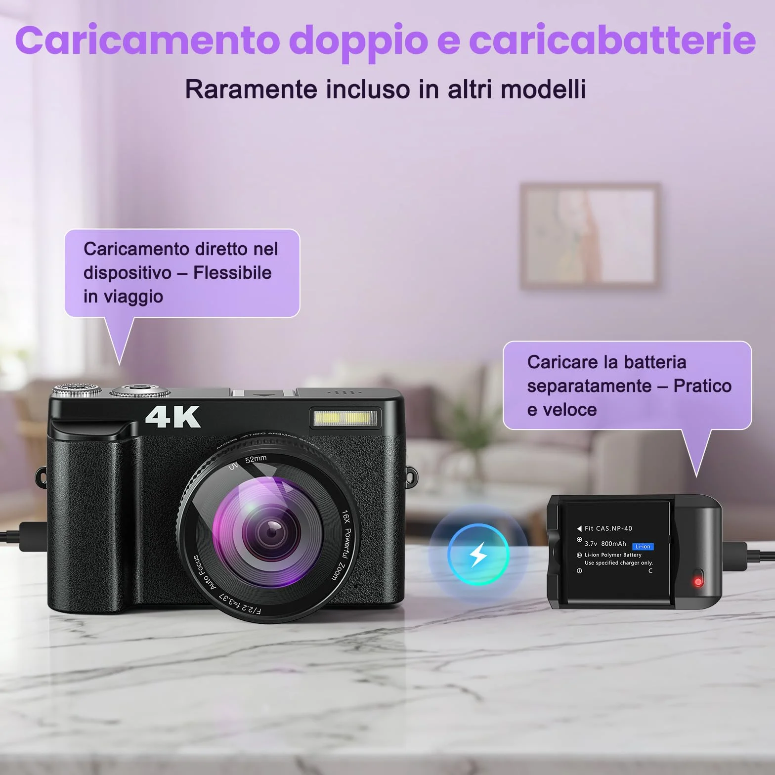 Fotocamera Digitale 4K 64MP WiFi Zoom 16X Schermo Girevole 180° Autofocus per Vlog e Selfie, Compatta con Scheda 32GB, 2 Batterie e Caricabatterie, Ideale per Principianti