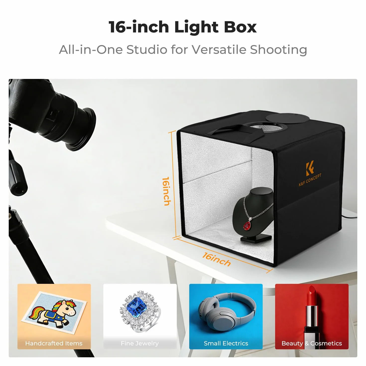 K&F CONCEPT Set Studio Fotografico Pieghevole 40x40 cm, Mini Light Box Dimmerabile 5500K con Illuminazione e 6 Sfondi PVC per Gioielli, Alimentazione USB 5V/2A