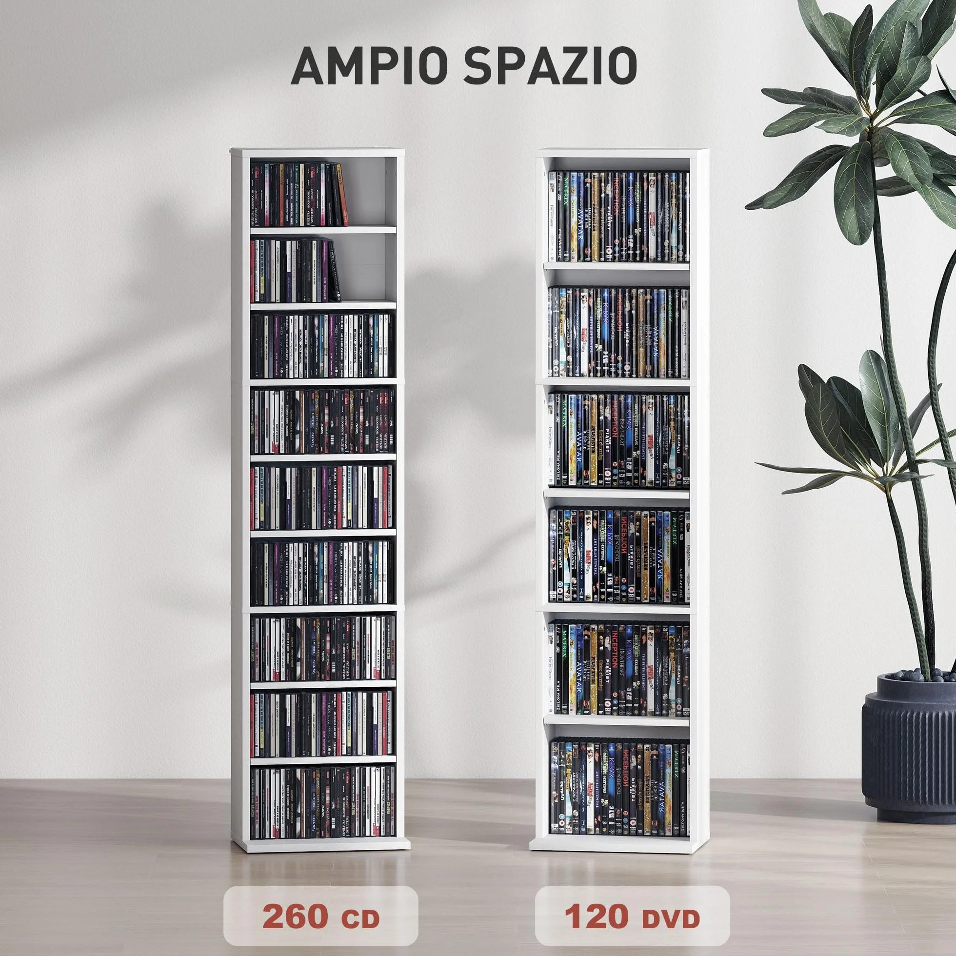 HOMCOM Mobile Porta CD con 6 Ripiani Regolabili, Scaffale Porta 260CD/120DVD Salvaspazio in Legno, Mobile Portacd con 9 Scomparti, per Soggiorno, Camera da Letto, Ufficio, 33x24x140 cm, Bianco