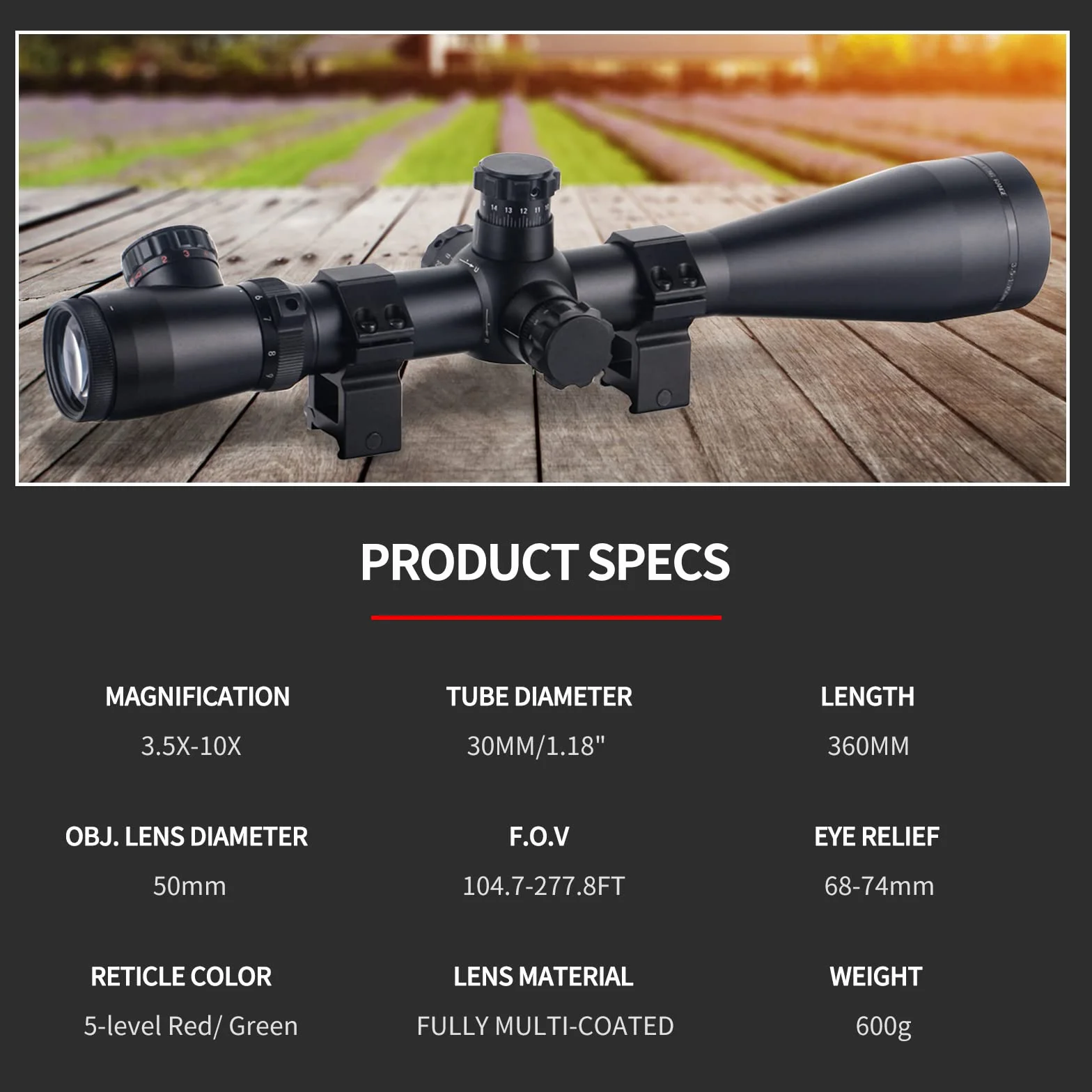Ottica Cannocchiale Caccia 3.5-10X50mm Cannocchiale Carabina Telemetro Rapido Rosso Illuminato Reticolo Airsoft Mirino con 20mm/11mm Mount Rings