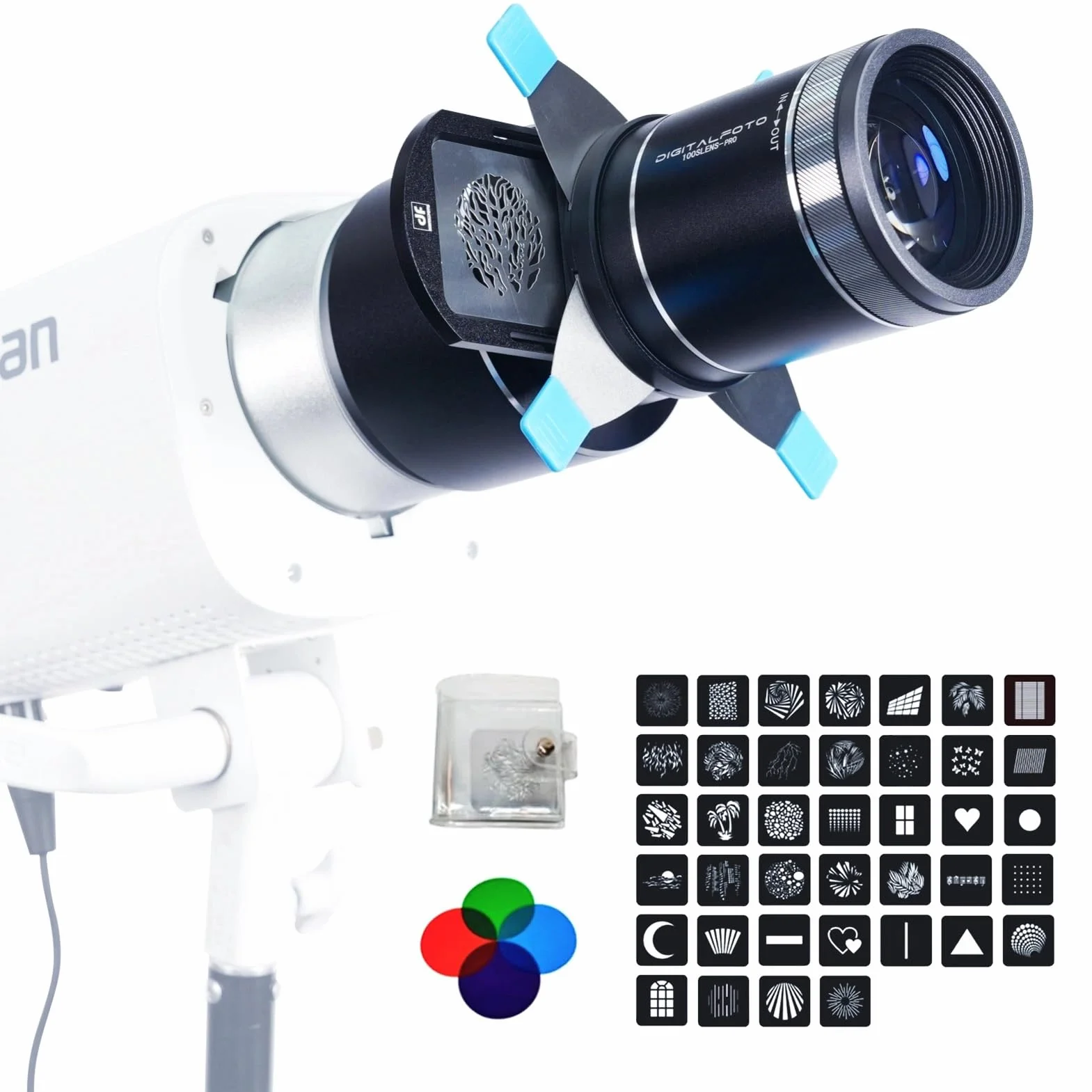 Optical Snoot for Bowens Mount Light, Kit di Proiezione Snoot Compatibile con Amaran 60D/100X/200D/X Storm 400x, per Godox SL60/AD400/CB300C, per Nanlite FS150B, con 4 Filtri Colore & 39 Gobos