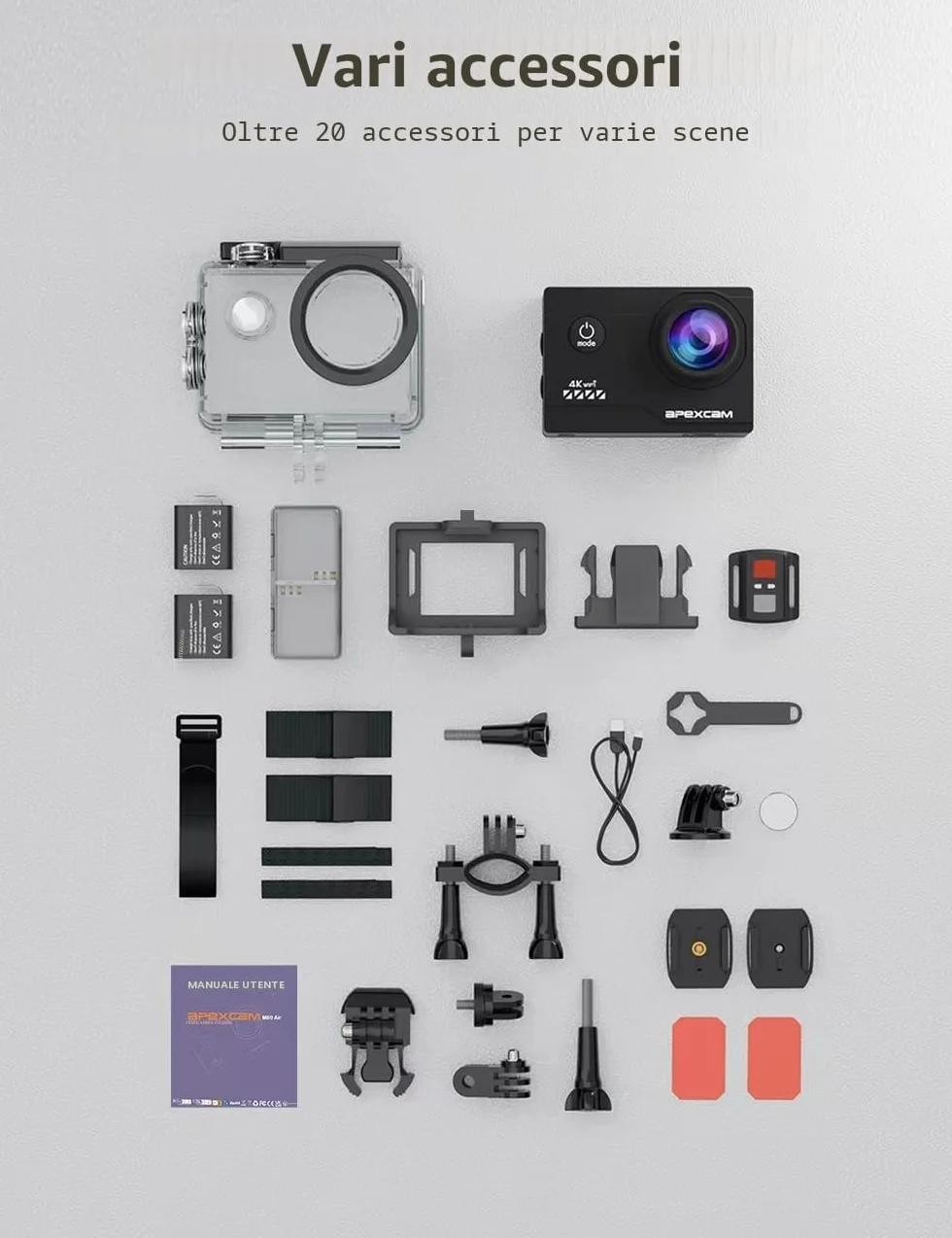Apexcam 4K 60FPS EIS Action Cam 64MP WiFi Sports Camera Ultra HD Telecamera subacquea 40M Videocamera Impermeabile 2.4G Telecomando Time Lapse 2x1350mAh Batterie
