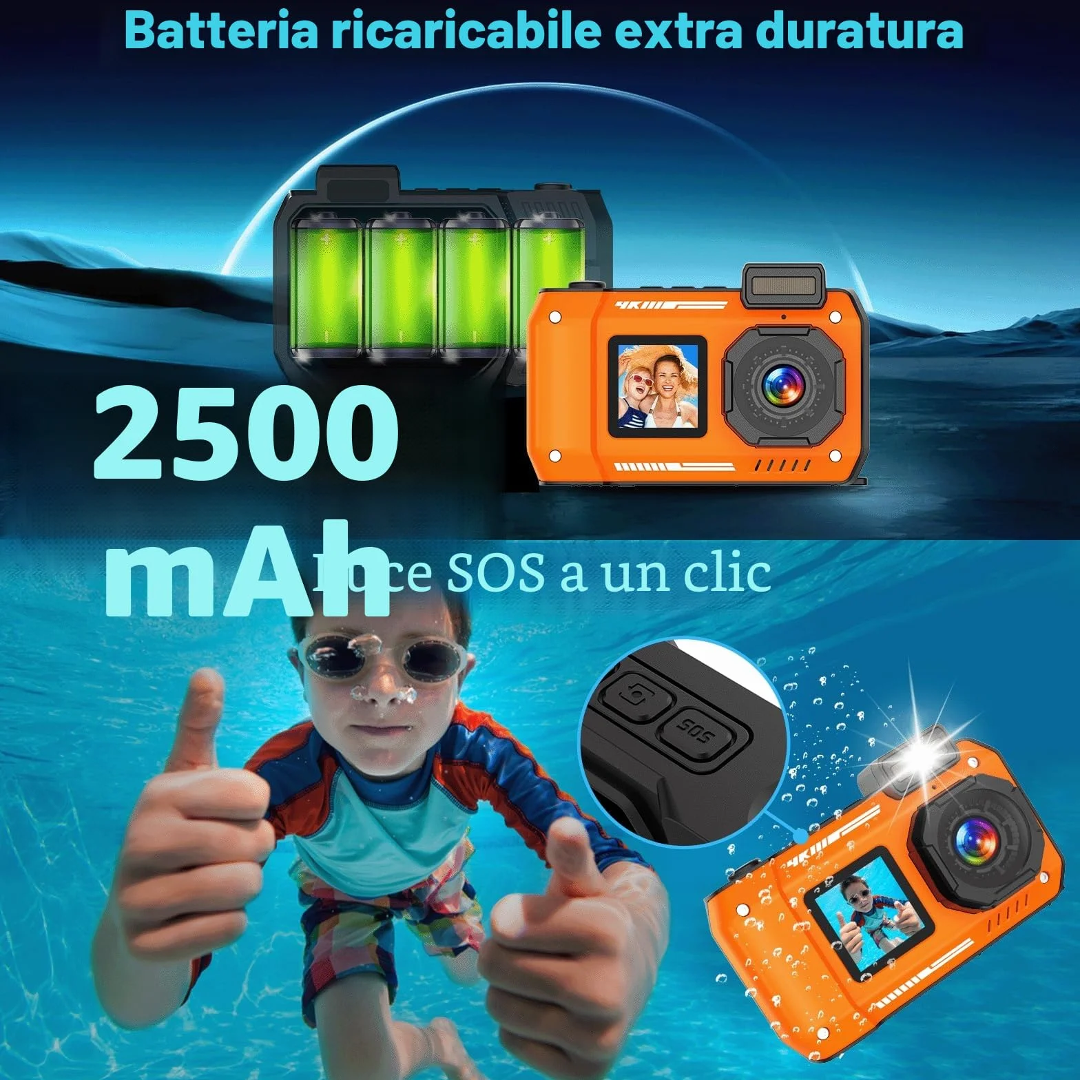 Fotocamera subacquea 4K 48MP impermeabile 32GB doppio schermo robusta antipolvere antiurto autofocus per selfie snorkeling immersioni sport viaggi (arancione)