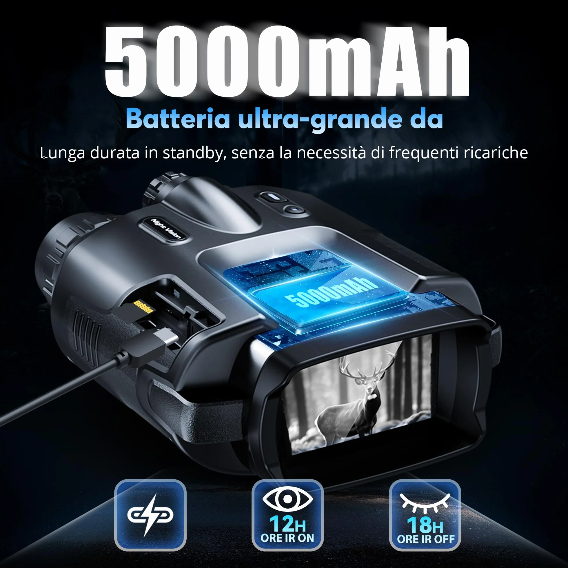 TKWSER Binocolo Visione Notturna - Infrarossi Visibili 600M nel 100% dell'Oscurità con Zoom Digitale 8X, Ricaricabili da 5000mAh, con Luce Tattica, per la Caccia, per Adulti