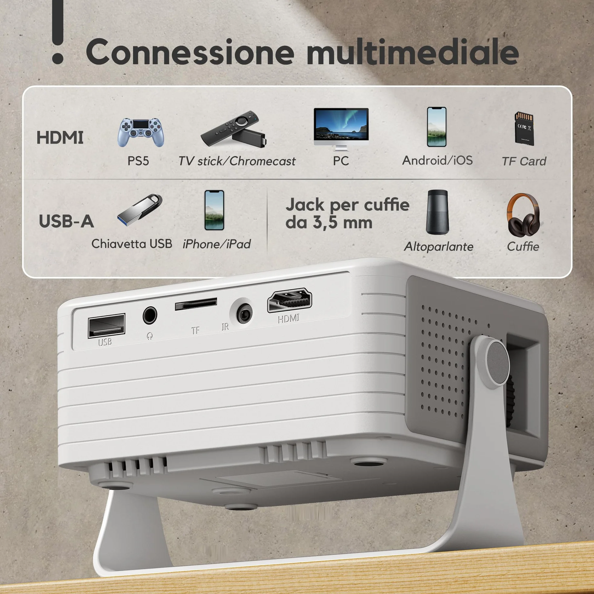 AKIYO O1 Proiettore Portatile 15000 Lumens, 4K Supporto Full HD 1080P, Auto Keystone, Rotabile 360°, per Phone/TV Stick/HDMI/USB/TF