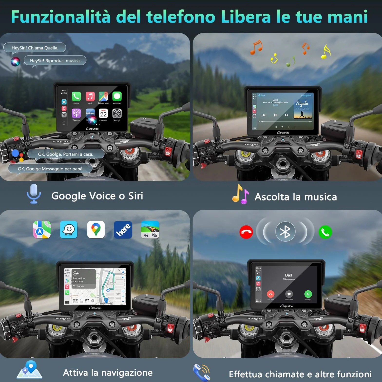 CARPURIDE W502BS Pro per Moto BMW CarPlay e Android Auto, Doppio Bluetooth, Schermo di Navigazione Impermeabile da 5 Pollici, Lettura dati, Native Wonder, TPMS, Sensore di luce, Condivisione di Musica