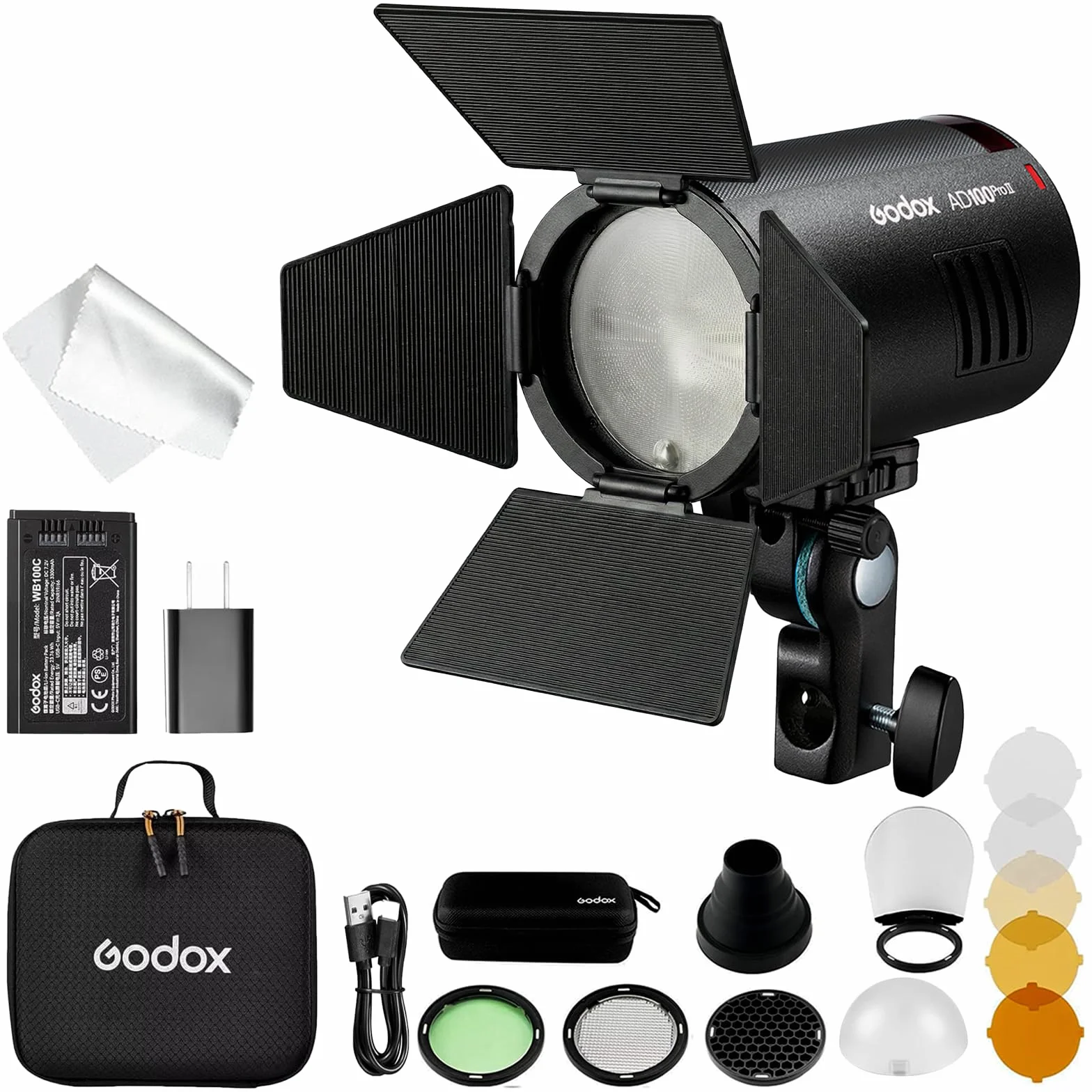 Godox AD100 Pro II AD100Pro II AD100ProII - Flash stroboscopico con kit AK-R1, sistema X da 2,4 GHz+modulo da 433 Mhz/LED da 2 W/10 livelli di luminosità/490 pops a piena potenza/tempo di riciclo 0,01