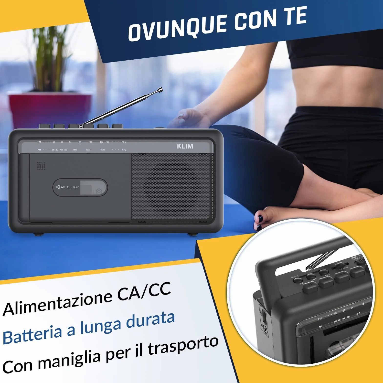 KLIM Lettore Cassette Audio Boombox Radio AM/FM Bluetooth Registratore a Cassette USB Altoparlante Portatile Retrò Nero