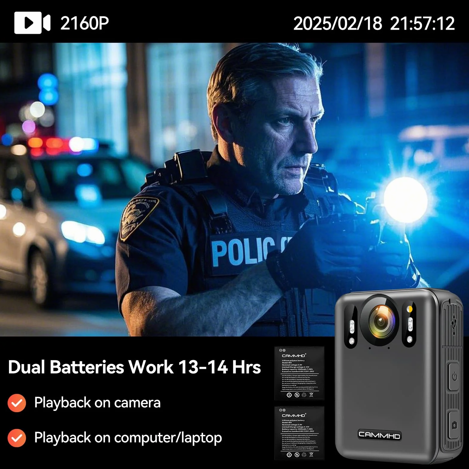 CAMMHD W8-128GB 4K Anti Shake Body Cam 2 batterie 4000mAh con 10 ore di registrazione video, crittografia dati Ultra HD Night Vision Bodycam con dock di ricarica per polizia/sicurezza/escursionismo