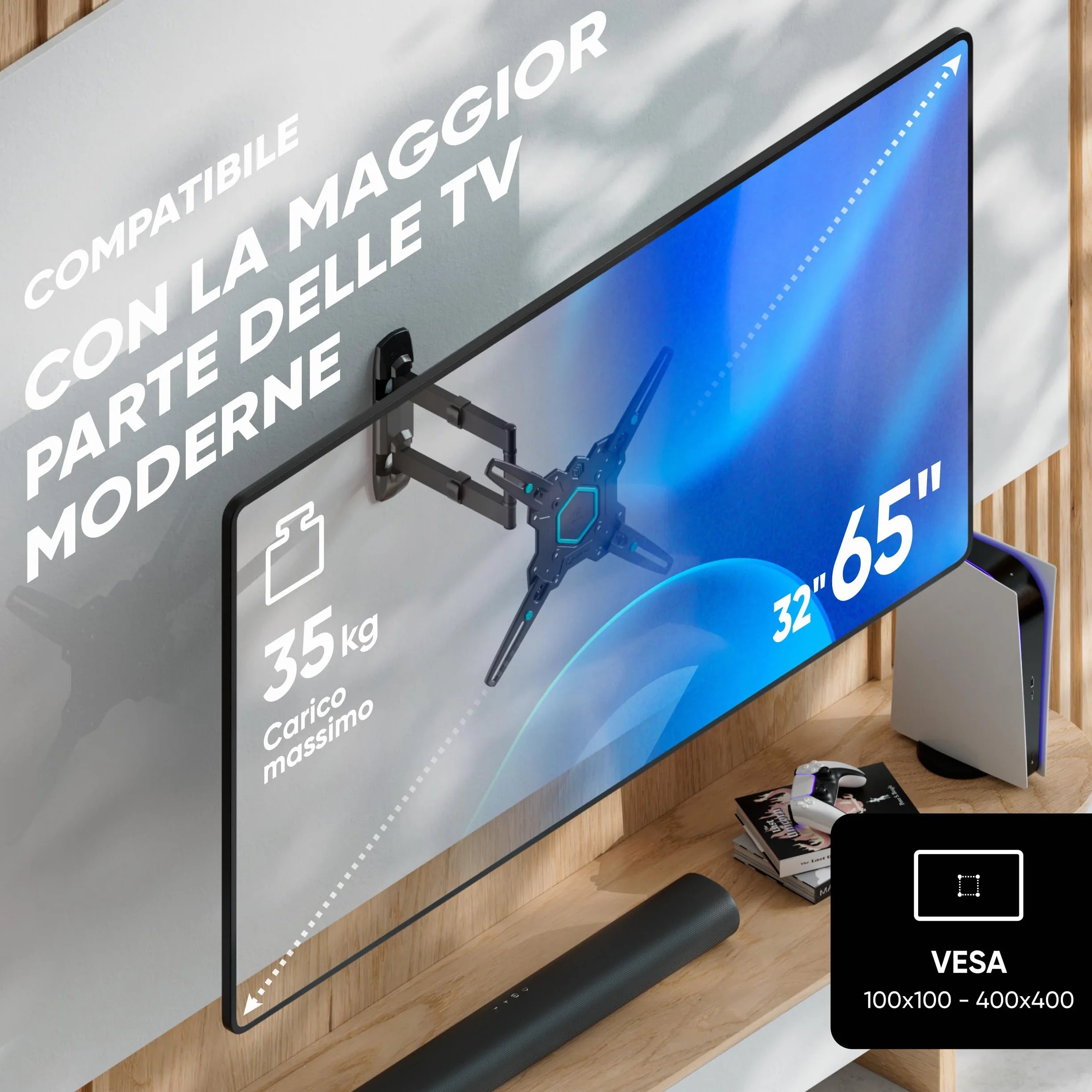 ONKRON Supporto TV Parete 32-65 pollici, 35 kg, VESA 100x100-400x400 mm, Braccio TV Girevole e Inclinabile, Porta Televisore a Muro Estensibile, Staffa Televisore Universale, Regolabile, Nero M4-B