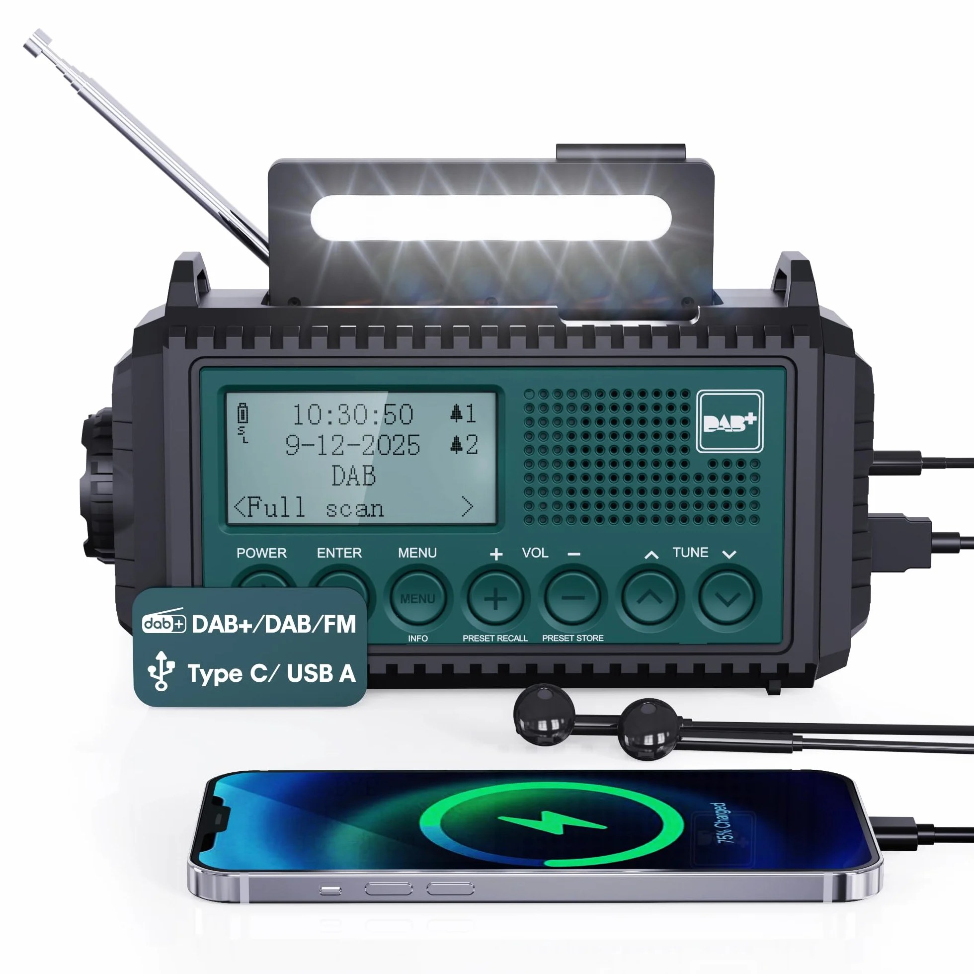 Radio DAB+/DAB/FM Con Batteria Ricaricabile 5000 mAh, Emergenza Con Torcia Elettrica, Campeggio Portatile Con Ricarica USB, Dinamo Allarme SOS, per Escursionismo