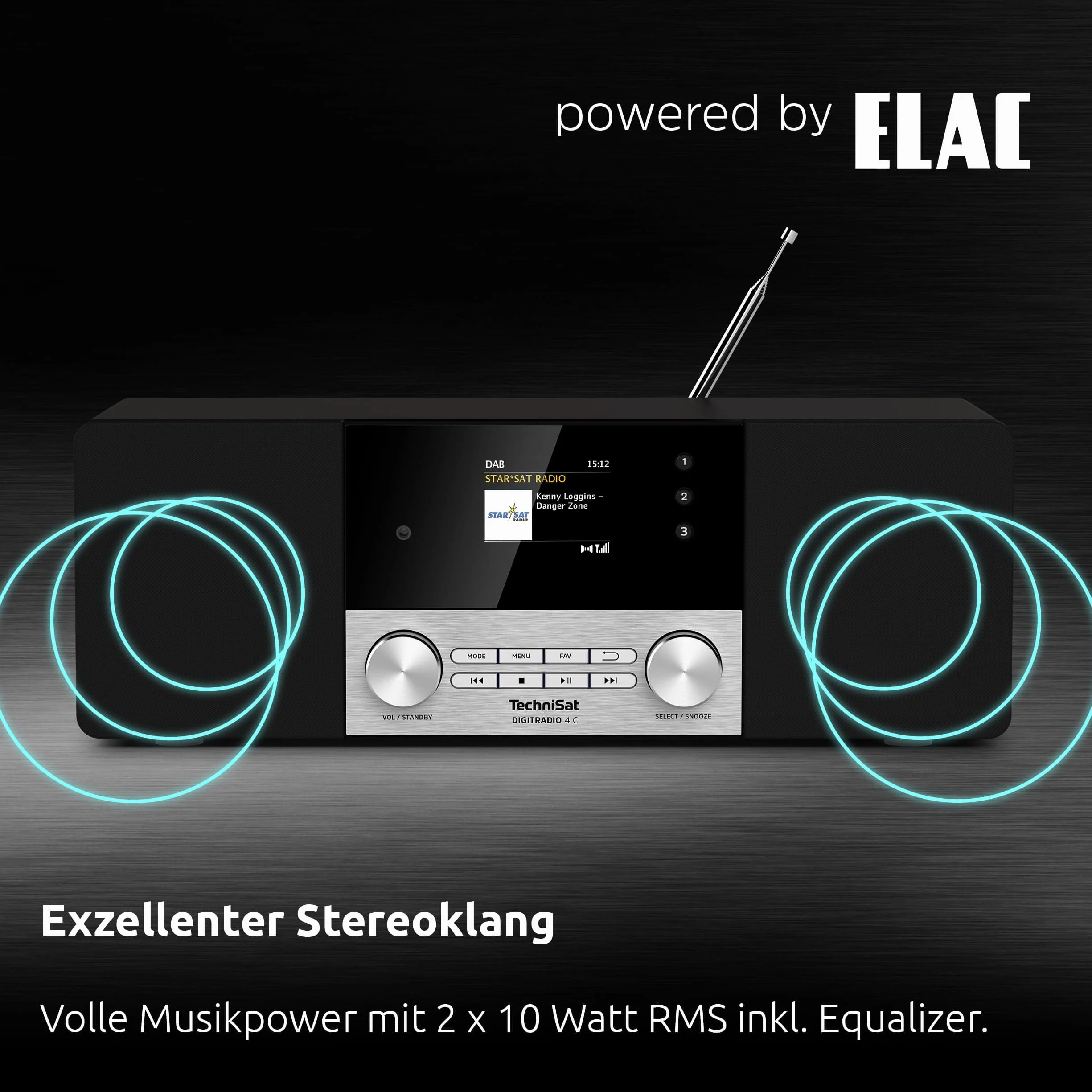 TechniSat DIGITRADIO 4 C - Radio digitale stereo (DAB+, FM, display a colori OLED, streaming audio Bluetooth, presa per cuffie, ingresso AUX, radiosveglia, 20 Watt RMS, altoparlante Elac) nero