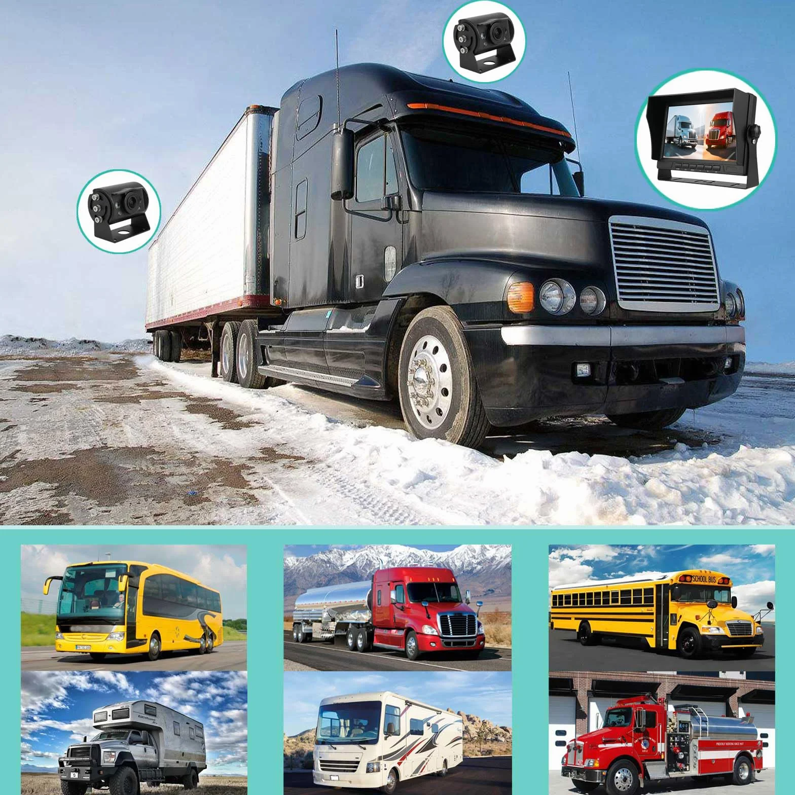 Telecamera posteriore AHD 1080p per veicoli e camion con monitor a 2 schermi divisi da 17,8 cm, 2 telecamere di retromarcia impermeabili per visione notturna con cavo da 15 m per semirimorchio, camper