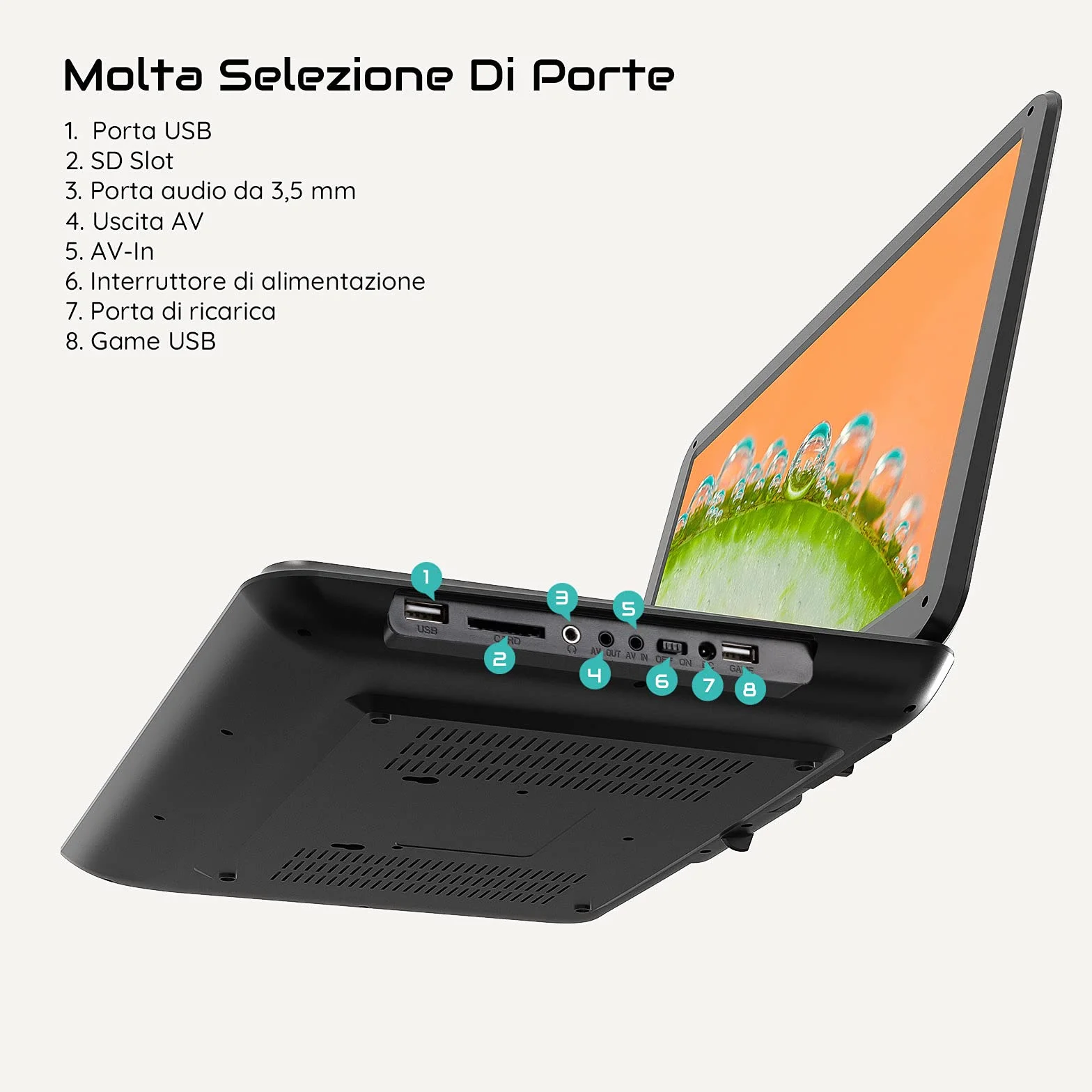 Lettore DVD Portatile 17,5" Schermo HD 16" Batteria 6 Ore USB/SD Sync TV Nero