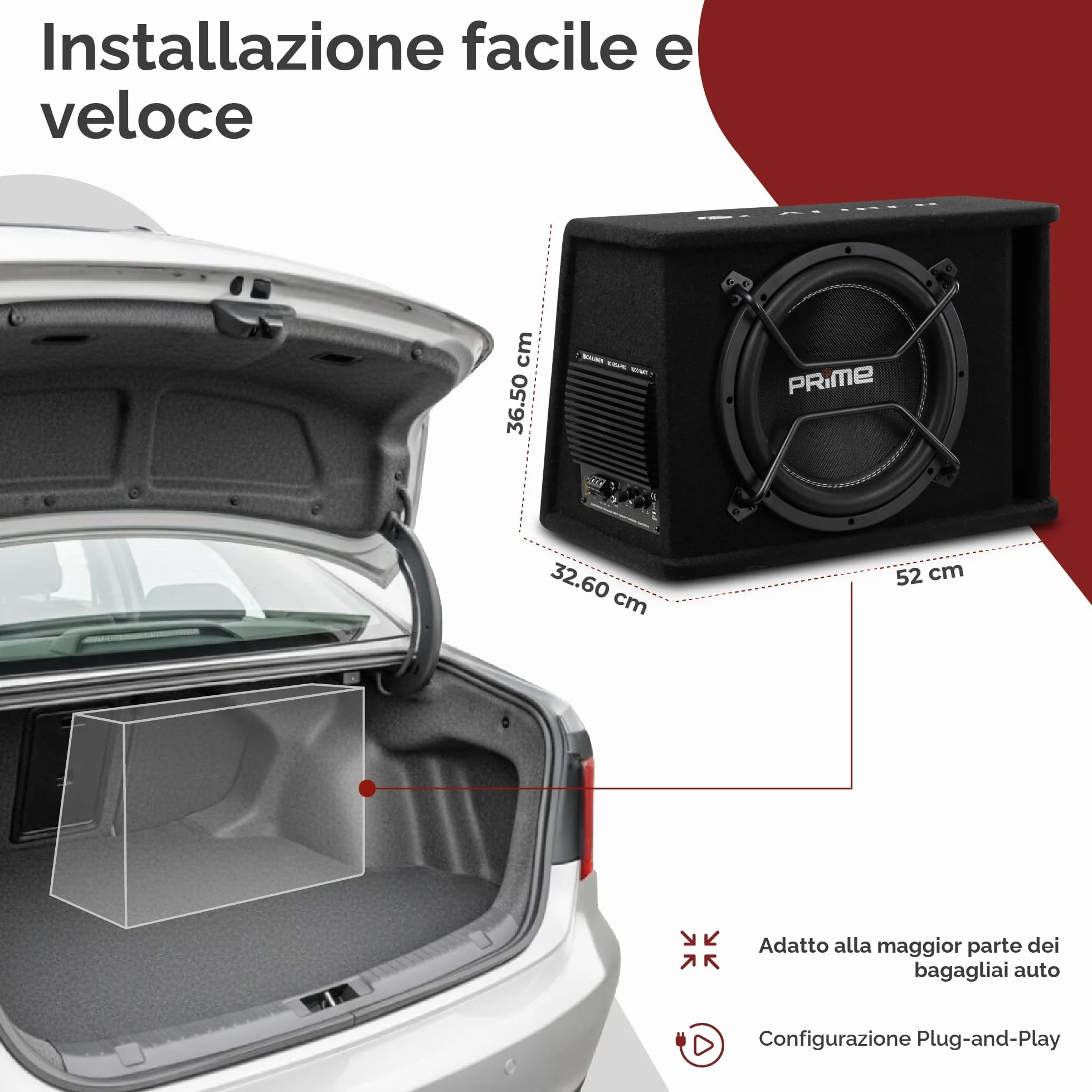 Caliber BC112SA-PRO - Set subwoofer attivo per auto, con amplificatore da 12", 500 W RMS, potenza di picco 1000 W, set di altoparlanti attivi per auto, colore: nero