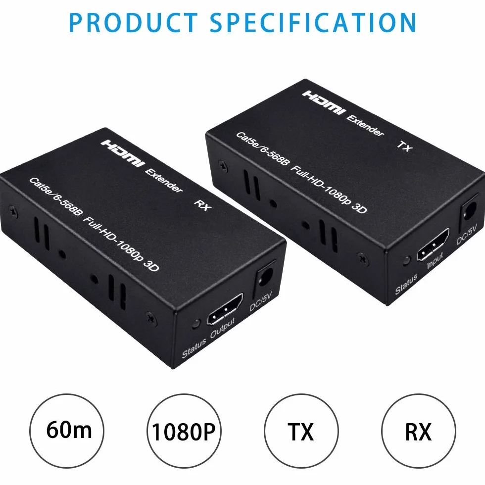 HDMI Extender Transmitter Extensions 60M Cat 6/5E Receiver Supporta Full HD 1080P 3D HDCP EDID Hdmi Estensori per TV DVD Laptop PC Sky（Trasmettitore+UTP+RJ45+Ricevitore）