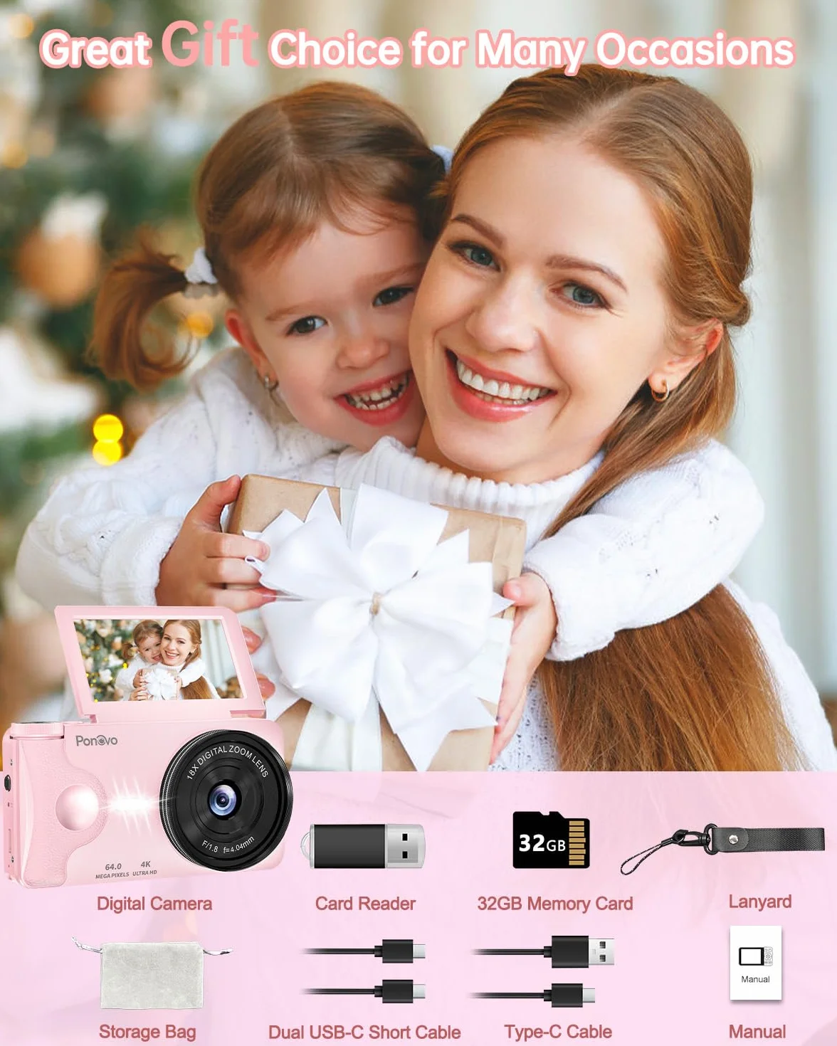 Fotocamera Digitale 4K Videocamera con Schermo 3" Rotante 180° per Vlog, Ponovo Macchina Fotografica Compatta 64MP Autofocus con Zoom Digitale 18X, 2000mAh Fotocamera Portatile 32GB per Studenti Festa