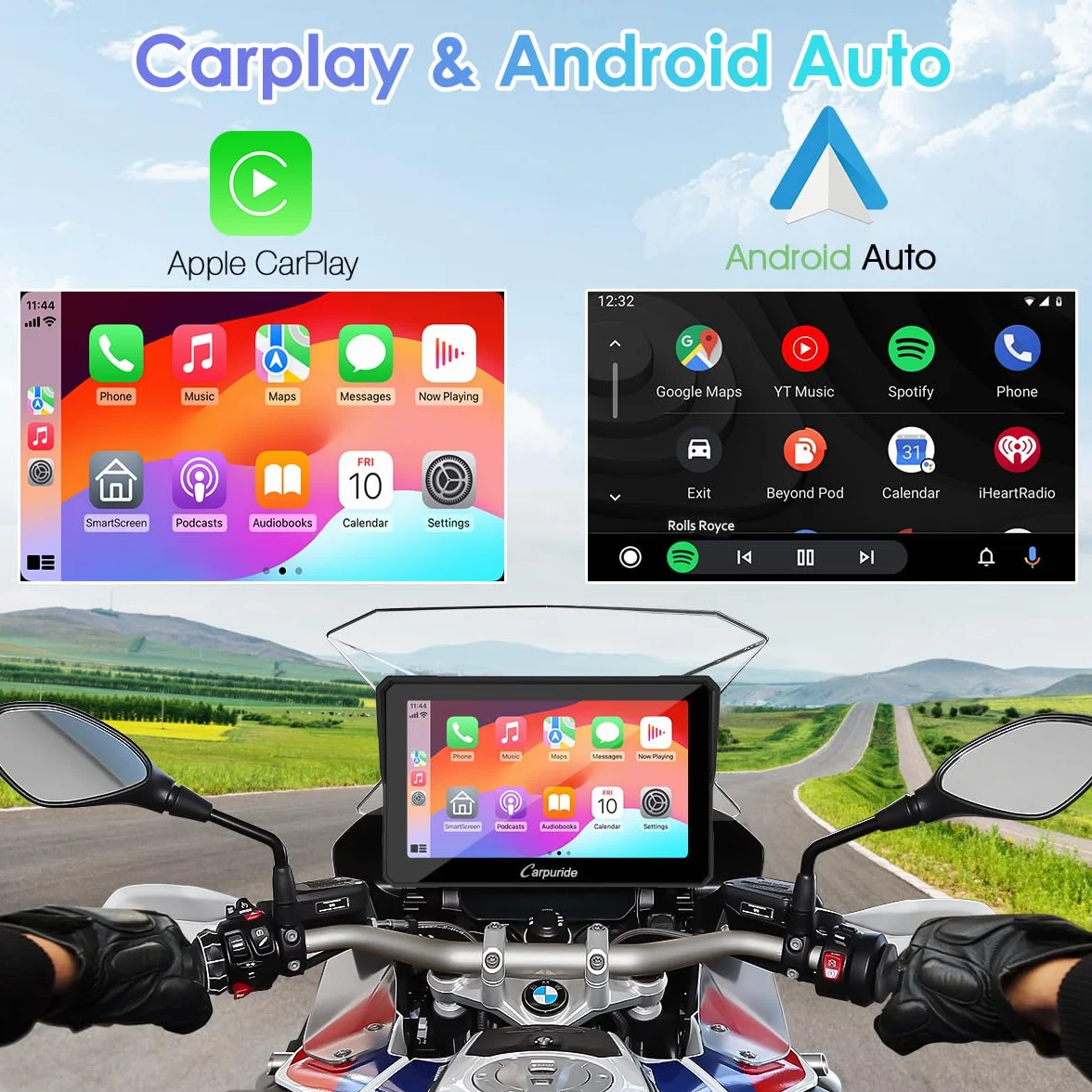 Carpuride W702B Schermo GPS Carplay per moto, con supporto personalizzato per BMW Moto, Wireless CarPlay e Android Auto, Touchscreen impermeabile portatile da 7 pollici, Bluetooth Trans, Navigazione,