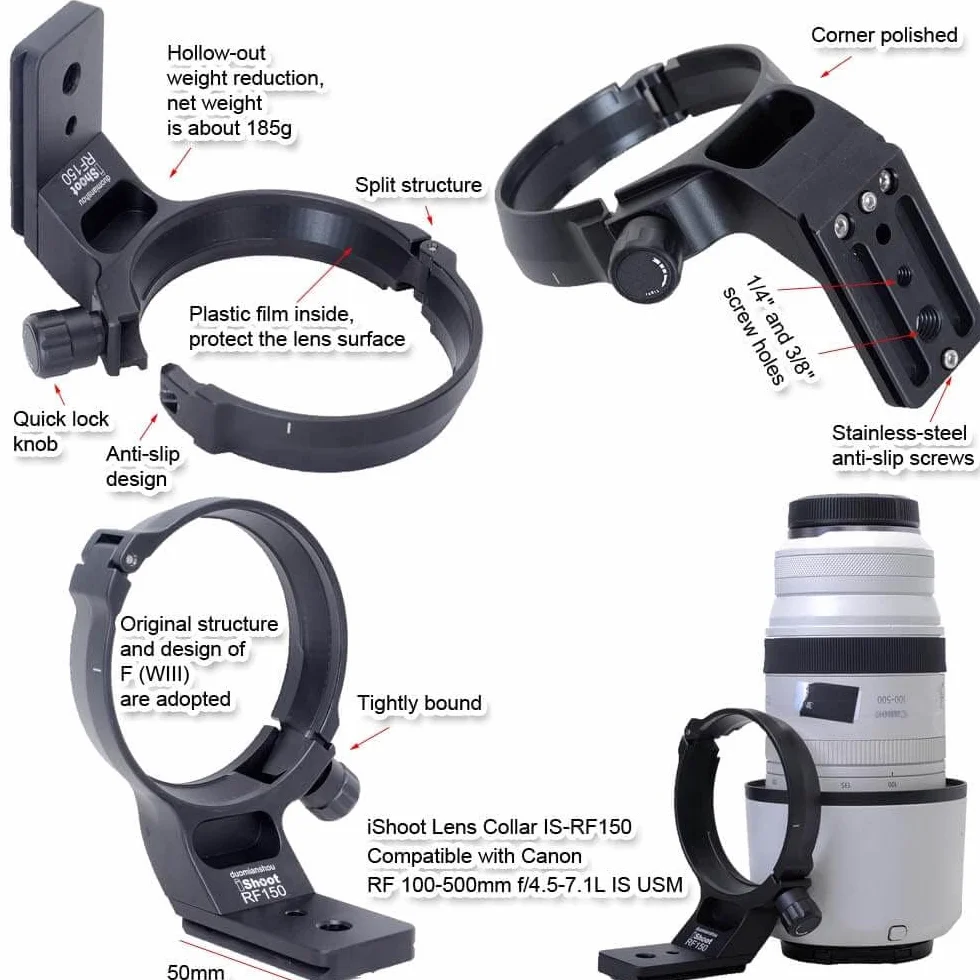 Collare per obiettivo ad anello per treppiede in metallo compatibile con Canon RF 100-500 mm f/4.5-7.1L IS USM, staffa di supporto per obiettivo inferiore è Arca-Swiss Fit Piastra a sgancio rapido