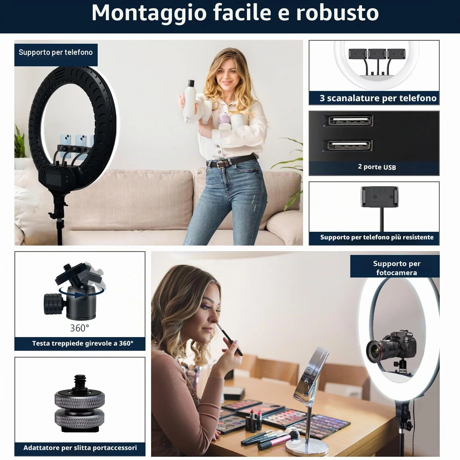 53.34CM/21 pollice Ring Light Telefono CRI 95+, Luce per Selfie 7000LM, 700K-6500K con testa per treppiede DSLR per YouTube TikTok Streaming Trucco Vlog Video Fotografia Zoom Riunione