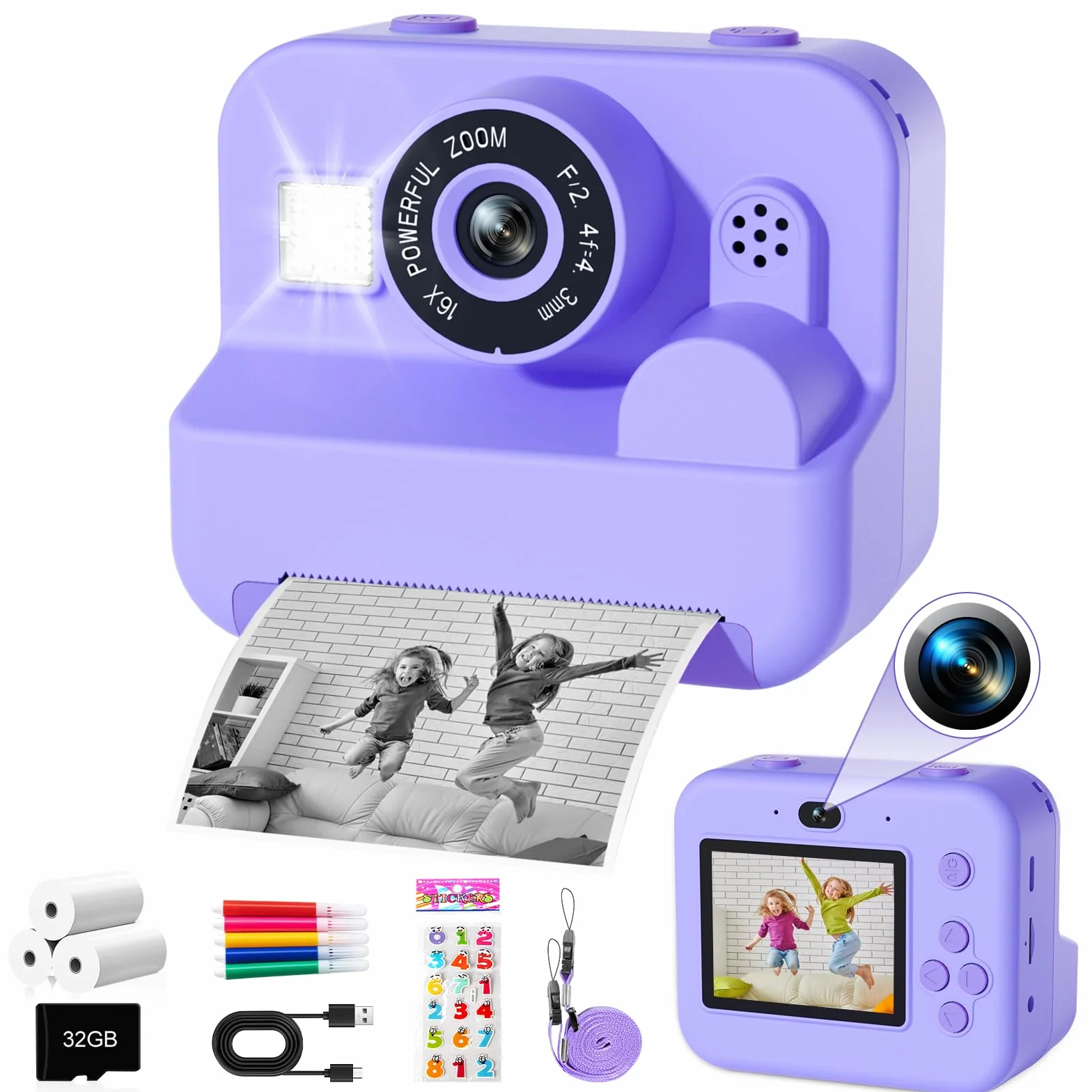 GKTZ Macchina Fotografica Bambini Istantanea - 1080P HD Digitale Macchina Fotografica Bambini Stampa con 32GB Scheda SD, Giocattolo Regali di Compleanno per Bambine di 4-12 Anni