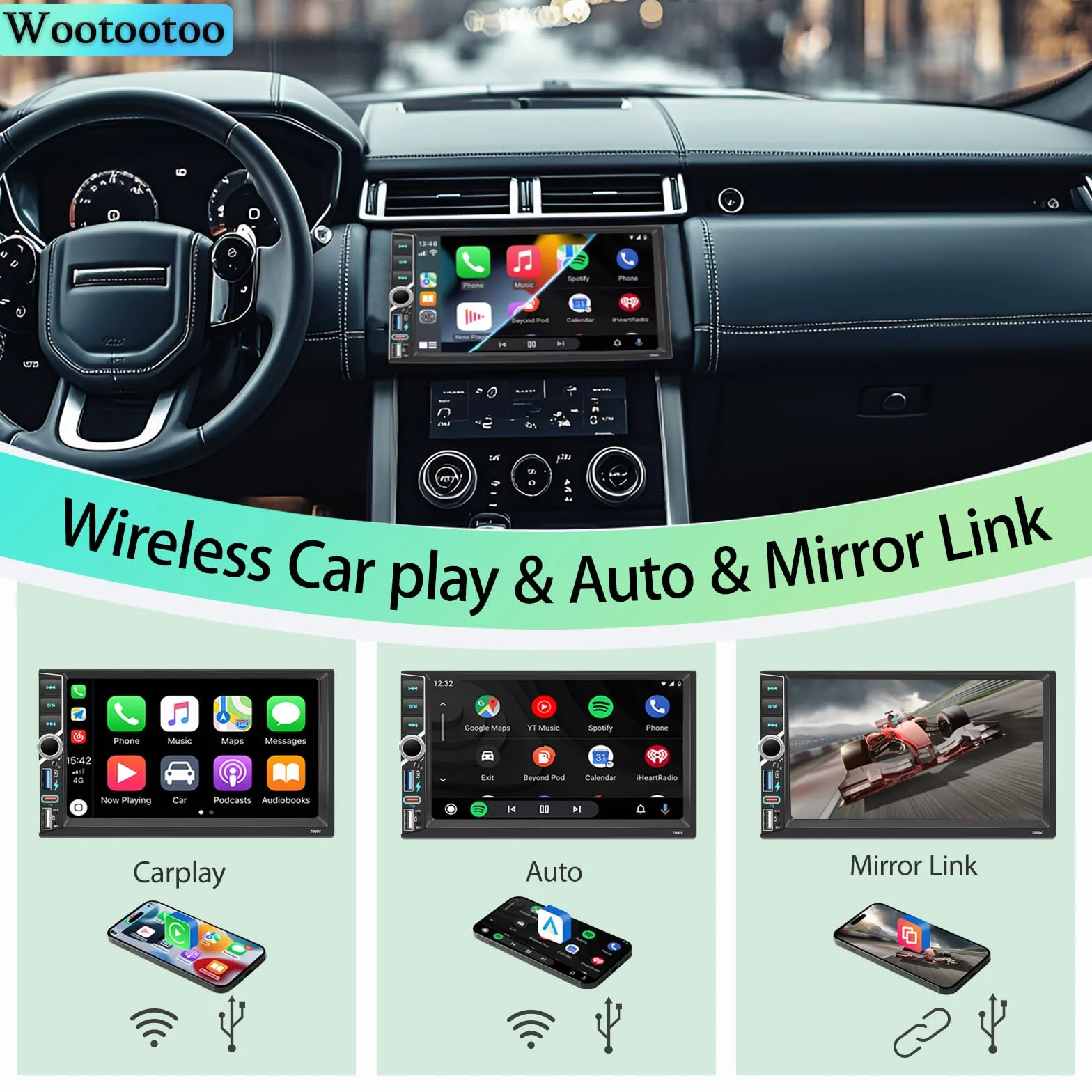 Autoradio 2 DIN 7 Pollici HD Touch Screen con Wireless Carplay e Android Auto, Radio FM RDS