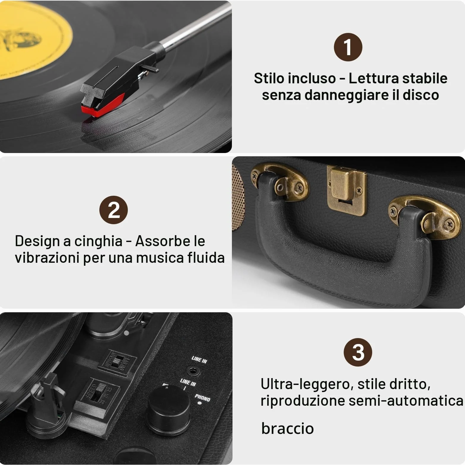 Giradischi in vinile Bluetooth portatile 3 velocità USB MP3 vintage valigia con altoparlanti integrati nero