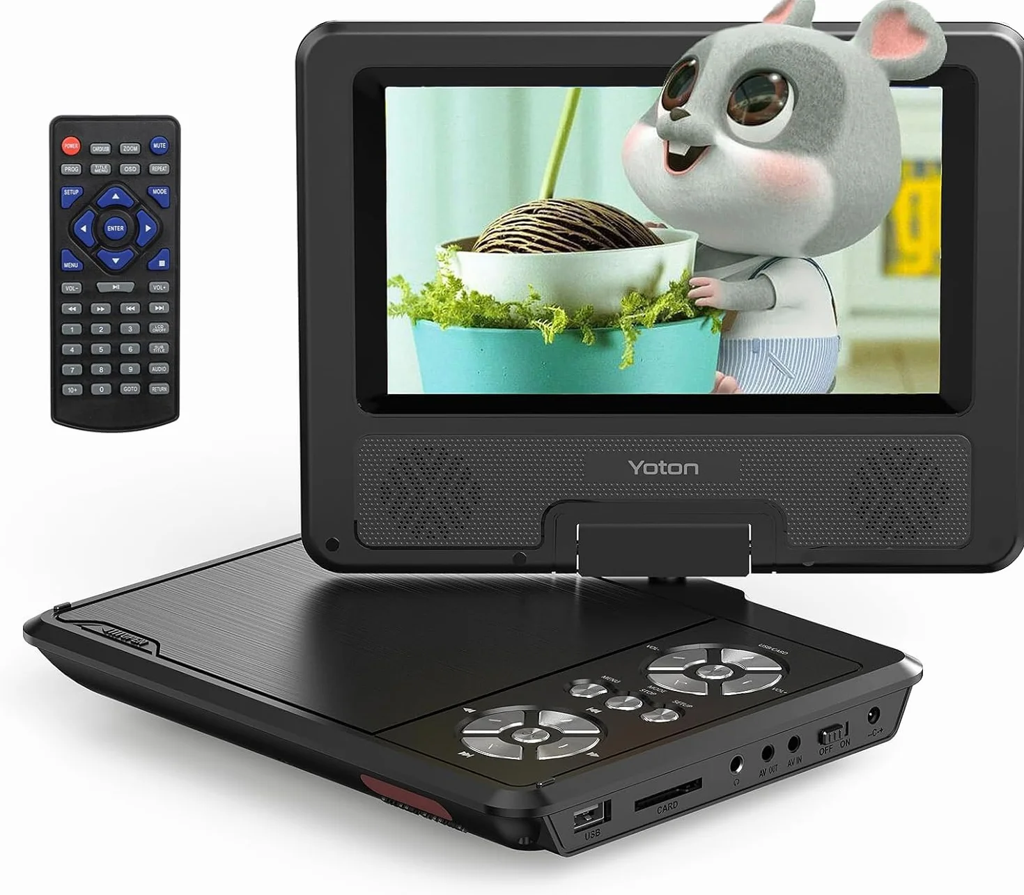 Yoton Lettore DVD Portatile 9,5" HD Schermo Girevole 7,5" Batteria 6 Ore Senza Regione Altoparlanti Potenziati Multiformato Dischi SD USB Sync TV Proiettore