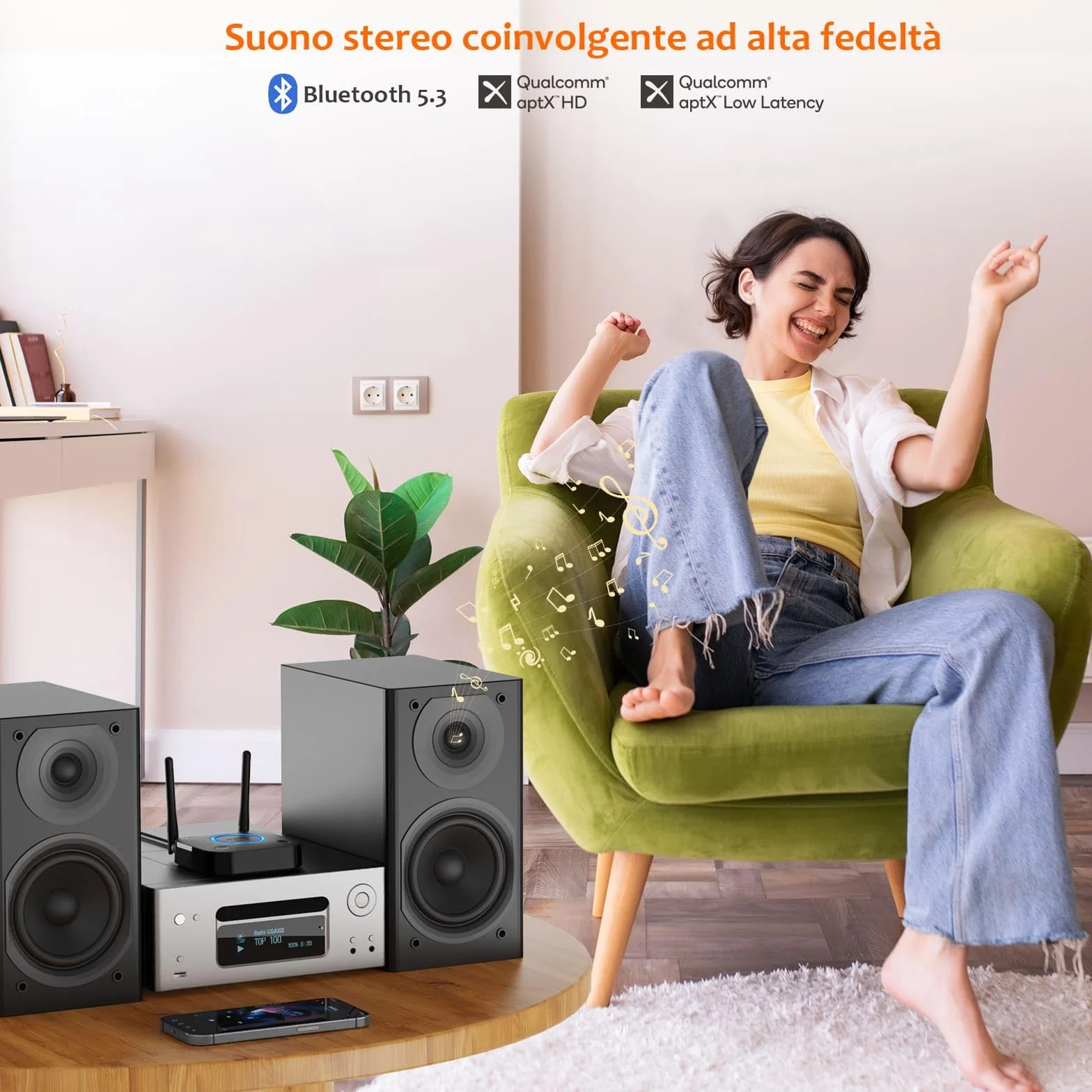1Mii Ricevitore Bluetooth 5.3 HiFi, Adattatore Audio aptX Bassa Latenza Uscita Ottica Coassiale AUX RCA per Amplificatore
