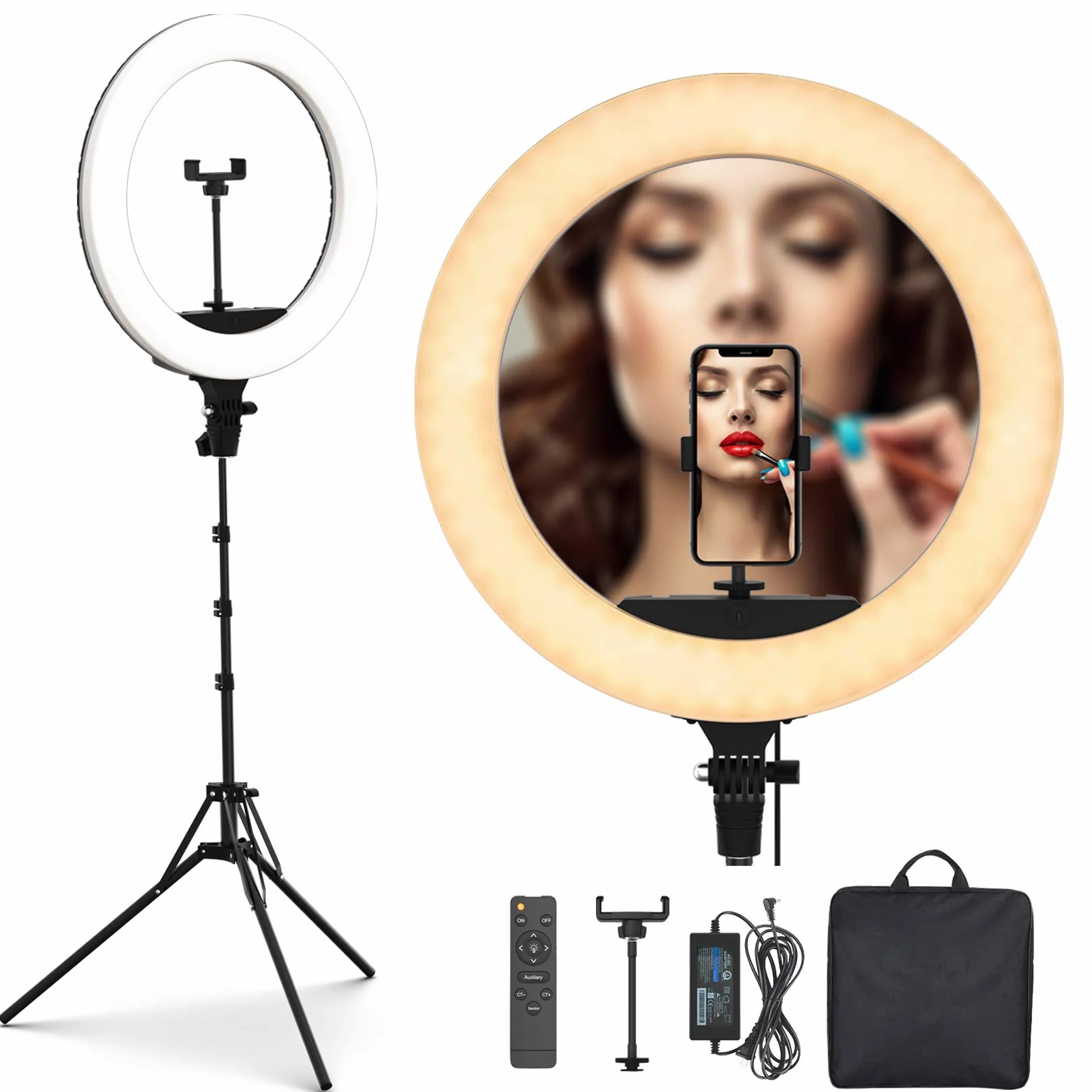 LED Luce ad Anello 45.7cm/18 pollici con Treppiede, 65W Luce per Selfie 3200-5500K Dimmerabile con Telecomando, Professionale Ring Light 3 Modalità Colore 10 Livelli per TikTok Fotografia