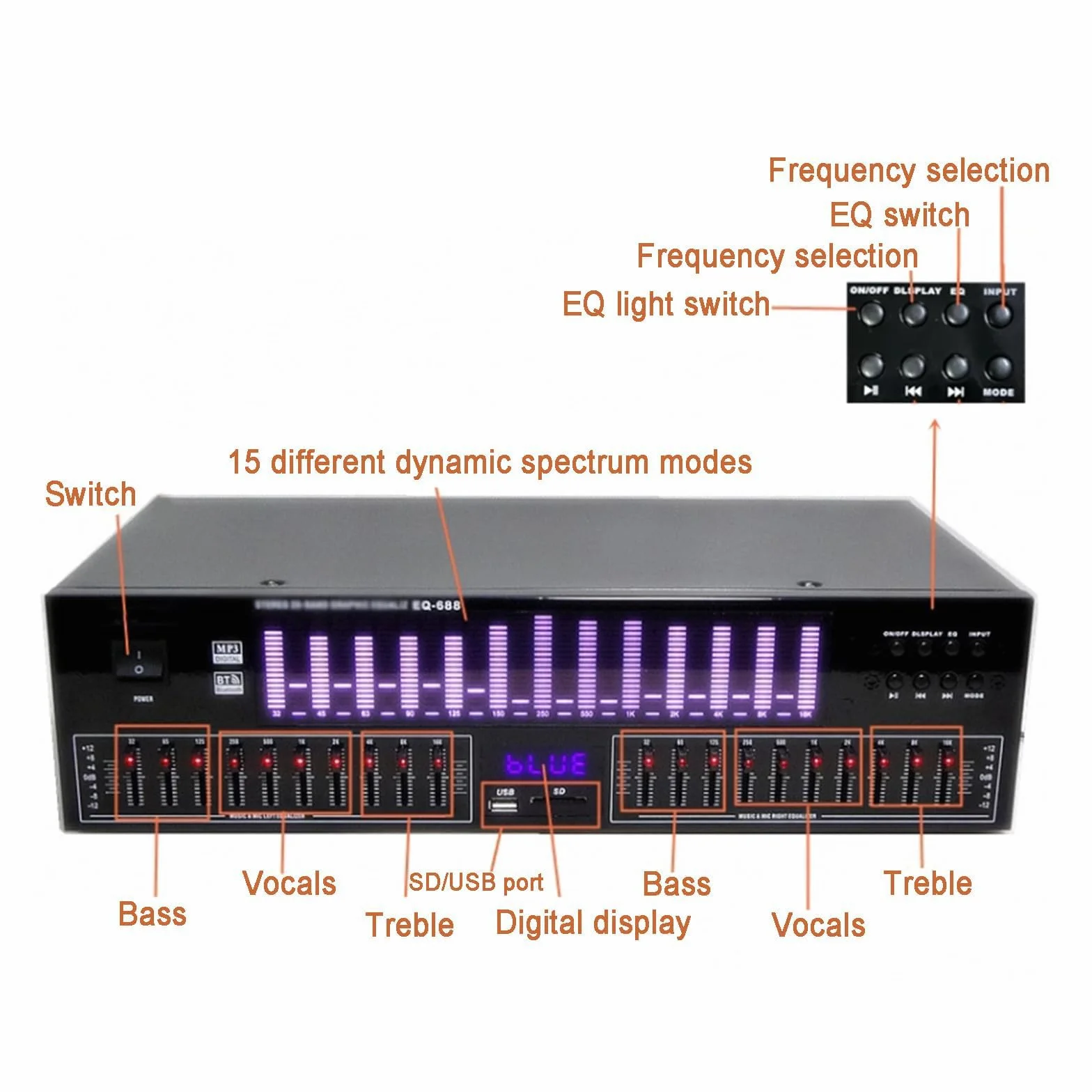 Equalizzatore Grafico Hi-Fi, Analizzatore Di Spettro a 20 Bande, Con Telecomando, Display a LED Dello Spettro, 15 Stili Dinamici, Per Studio Di Registrazione, Casa