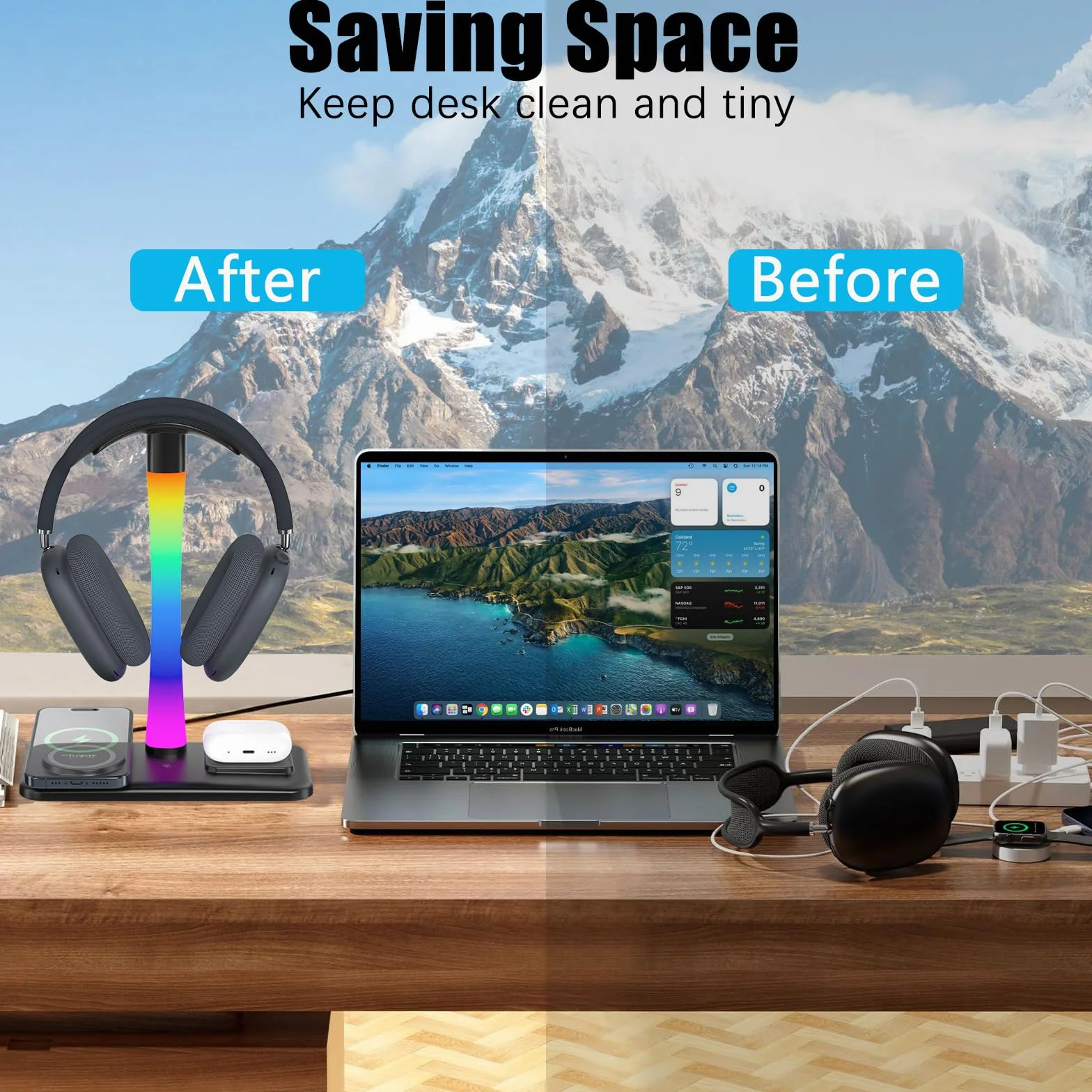 Supporto Per Cuffie con Caricabatterie Wireless,Suppor to Per Cuffie Da Gioco con Luce RGB,Supporto Per Airpod Max Compatibile con Airpod Pro/3/2,iPhone 16/15/14/13/12/11,Regali per Uomini Do (Nero)