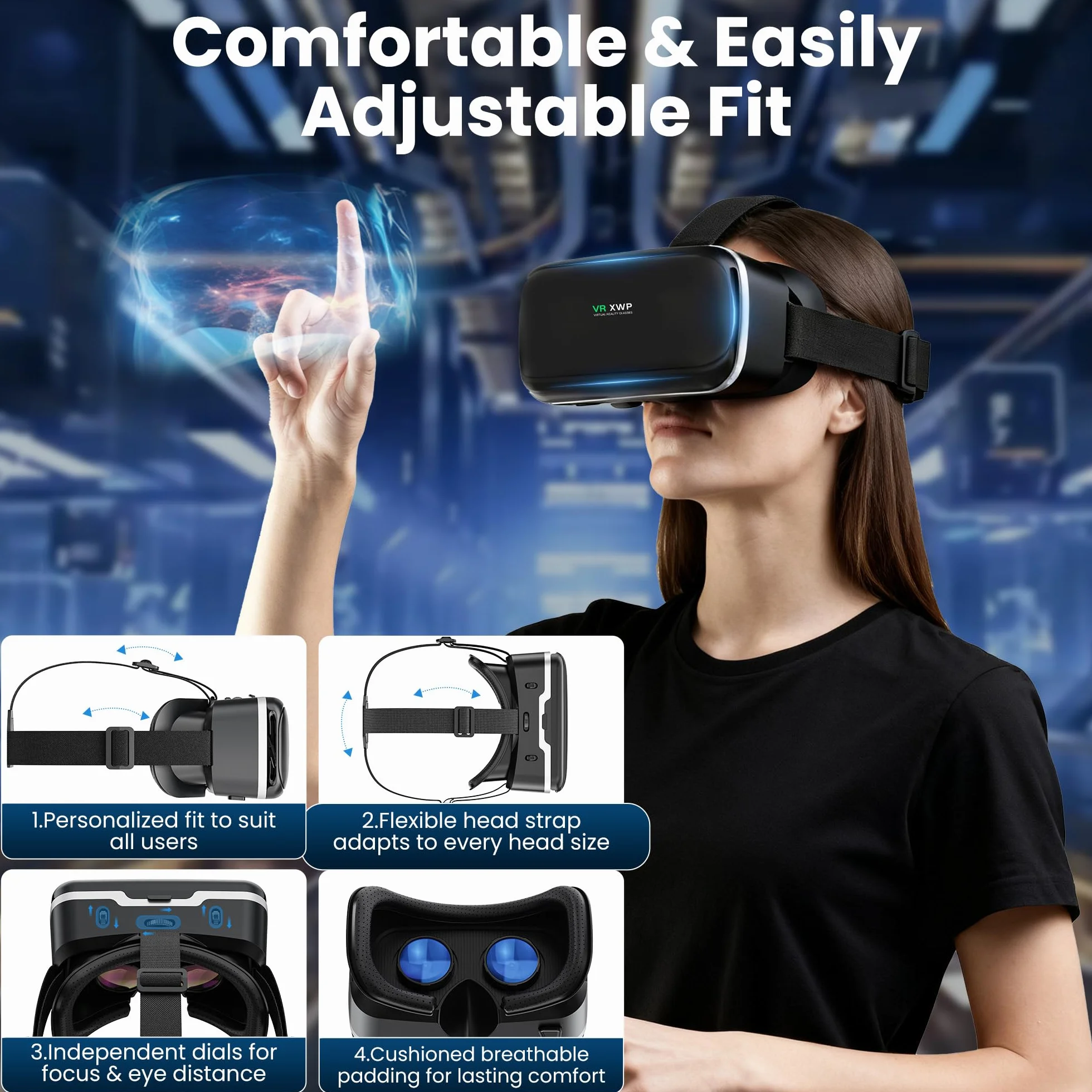 XWP Visore Realtà Virtuale 3D, Occhiali VR Con Lenti HD Anti Luce Blu Per Smartphone, Per iPhone E Android (4,7–6,8"), Ideali Per Giochi E Visione Di Film, Regalo Di Compleanno Per Amici E Famiglia