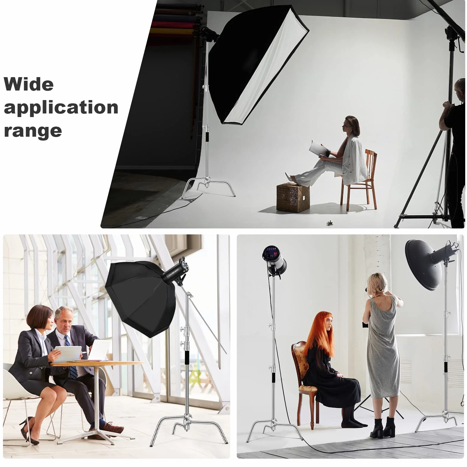 SOONPHO 2-Pack C Stand 100% Acciaio Inossidabile Heavy Duty Supporto a C Fotografia Light Stand C-Stand con 130cm braccio di supporto Kit,testa Grip,clip per Godox AD200 Pro SK400 Aputure(Argento)