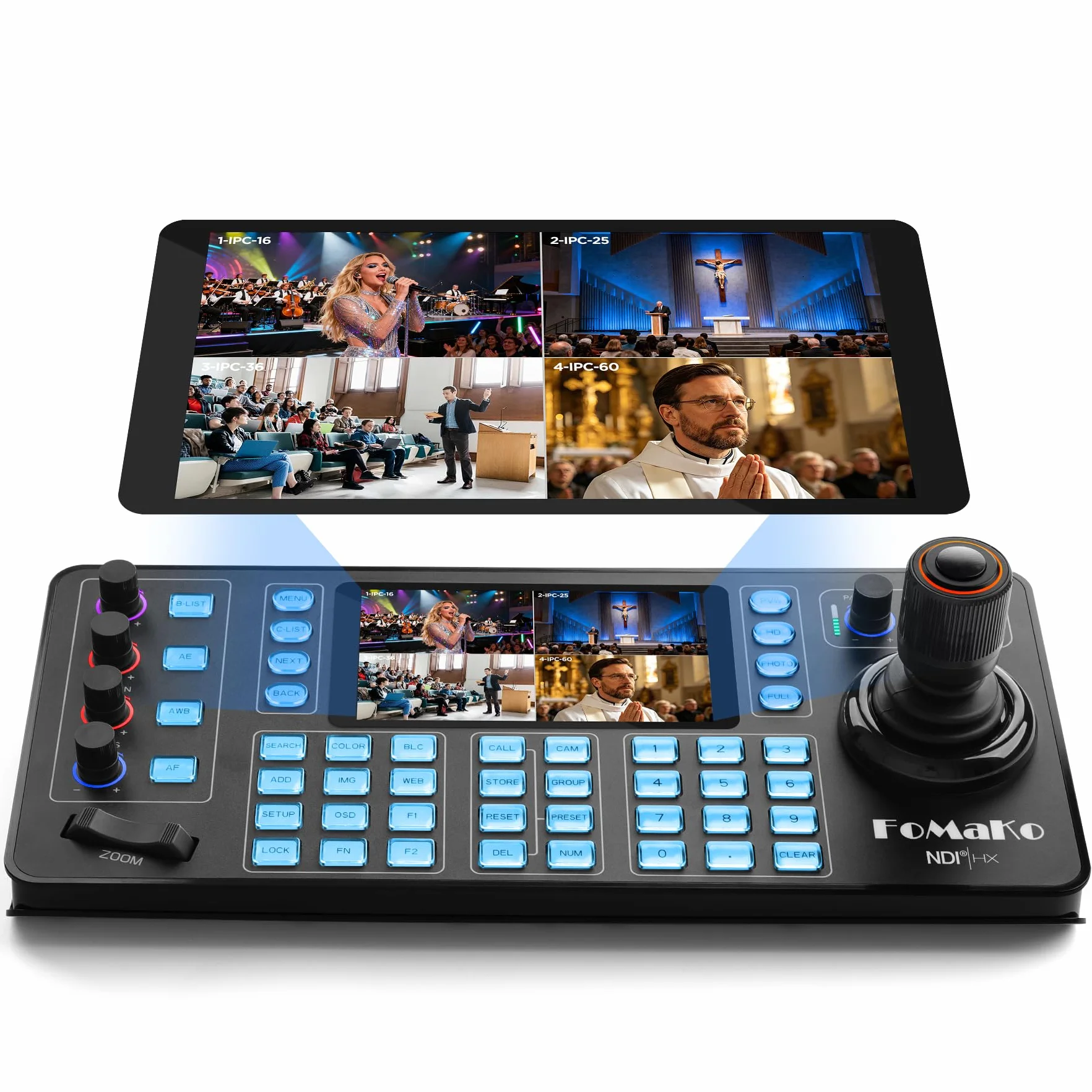 FoMaKo NDI PTZ Camera Controller KC608N–Touchscreen capacitivo da 5,5", Anteprima 4K, Joystick 4D Hall, PoE, Supporto VISCA/Pelco/NDI HX – per Chiesa, Culto, Istruzione, Conferenza ed Eventi dal Vivo